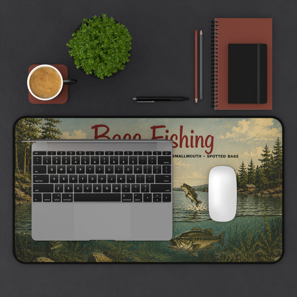 Bass Fishing Vintage Lake Scene Desk Mat | Fisherman Boat Illustration