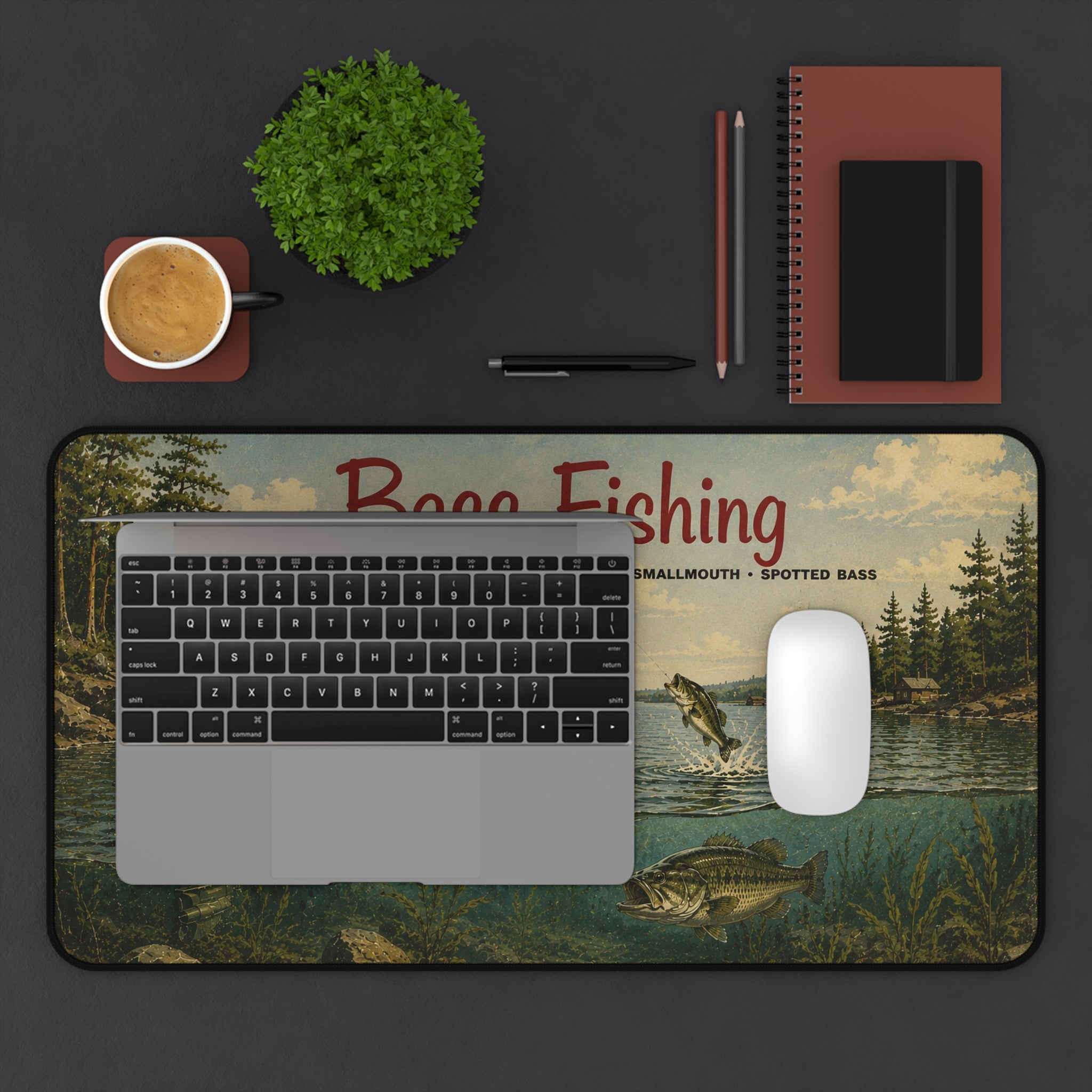 Bass Fishing Vintage Lake Scene Desk Mat | Fisherman Boat Illustration
