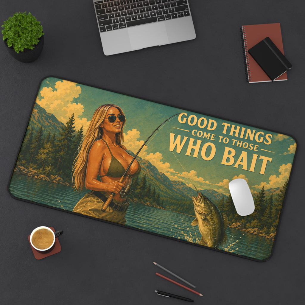 Good Things Come to Those Who Bait Desk Mat | Fishing Retro Lake Illustration