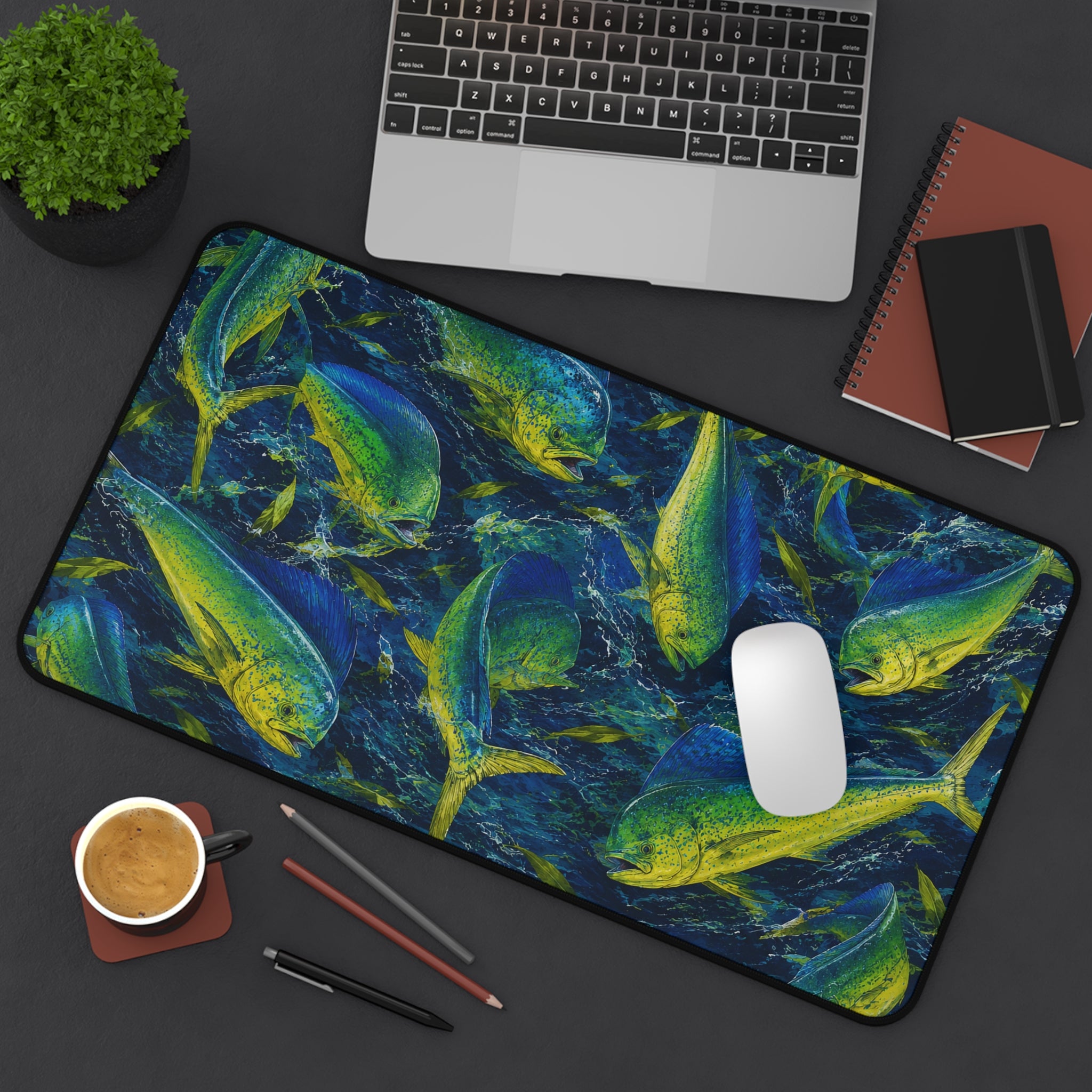 Mahi Mahi Madness Desk Mat — Thick Stitched Edge Gaming Desk Mat with Original Artwork