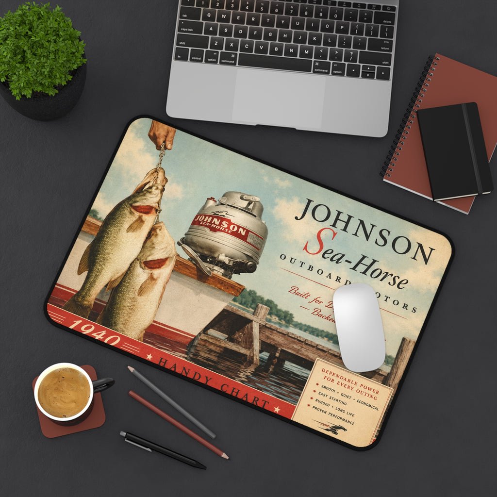 Vintage Johnson Sea-Horse Outboard Motor Desk Mat | 1940 Fishing Dock Art