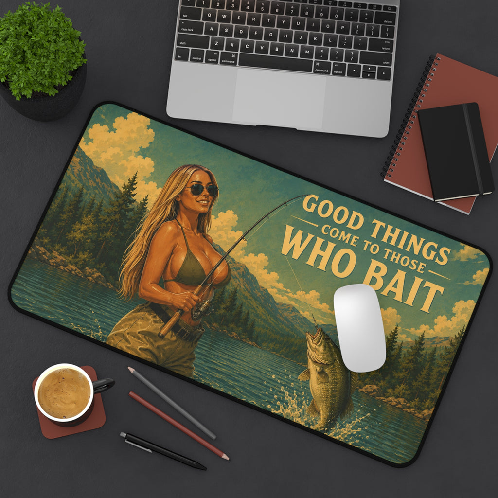 Good Things Come to Those Who Bait Desk Mat | Fishing Retro Lake Illustration