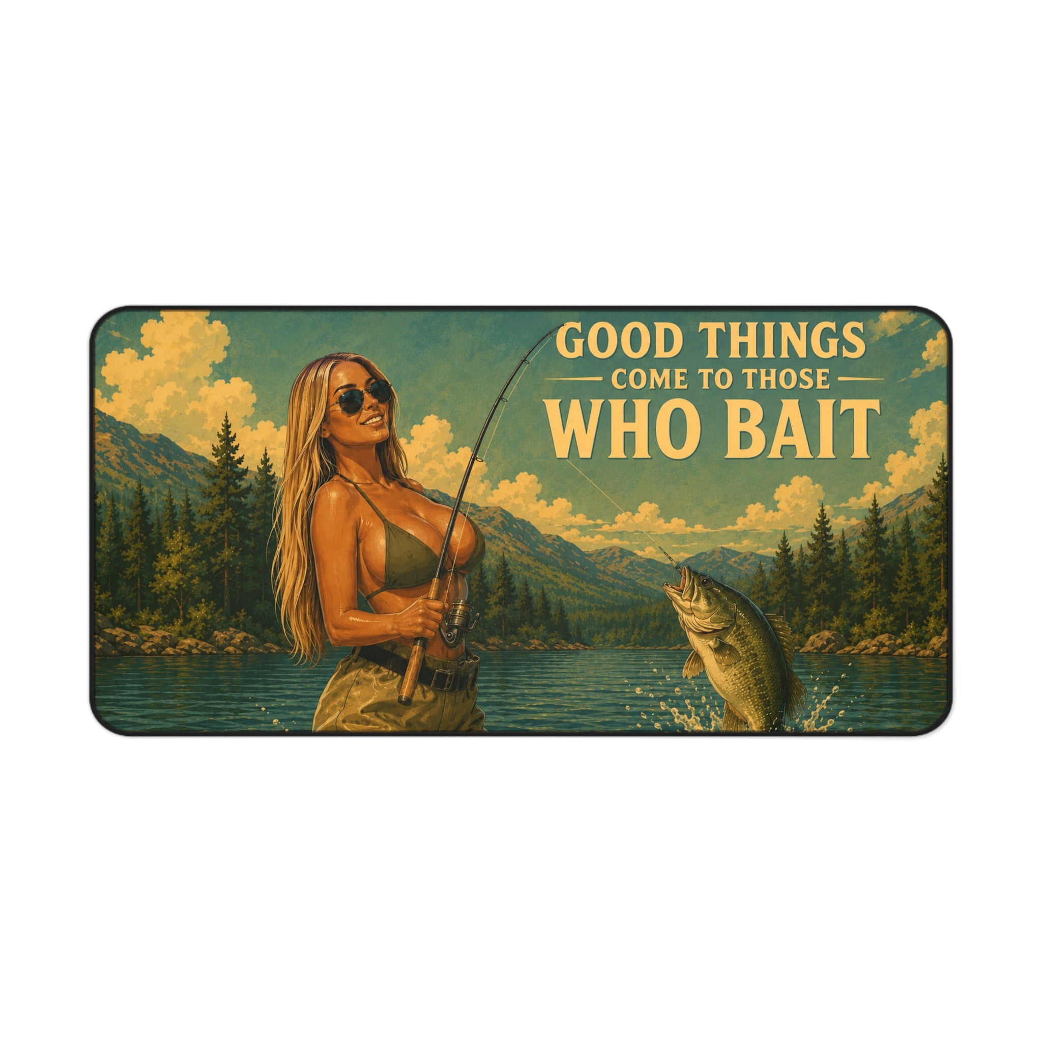 Good Things Come to Those Who Bait Desk Mat | Fishing Retro Lake Illustration