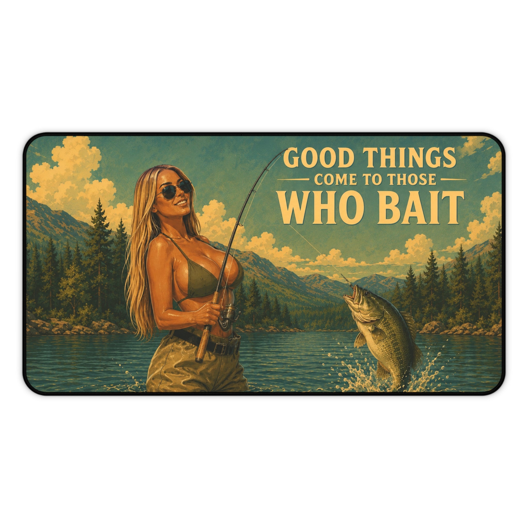 Good Things Come to Those Who Bait Desk Mat | Fishing Retro Lake Illustration