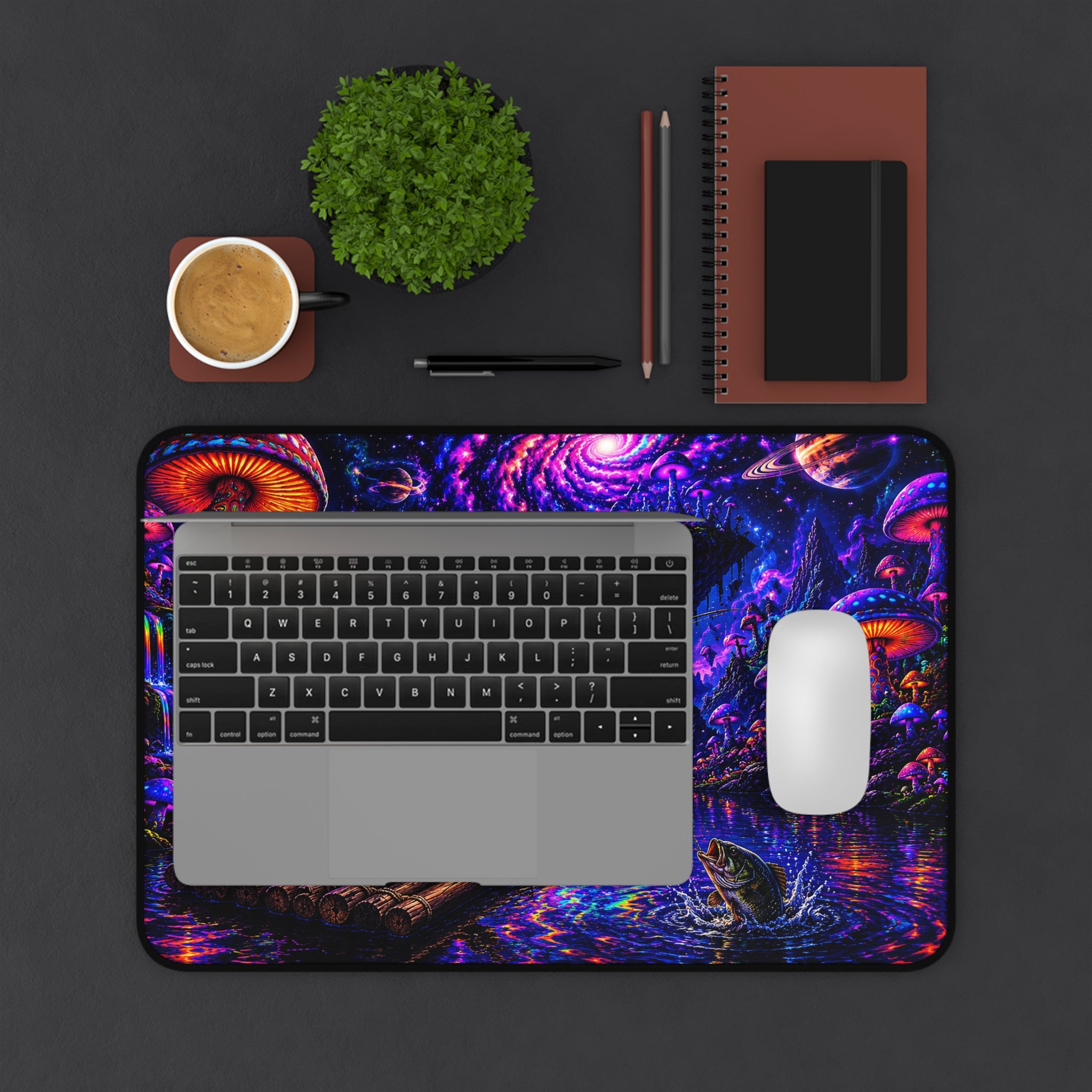 Psychedelic Night Fishing Desk Mat — Neon Mushroom Galaxy Mouse Pad