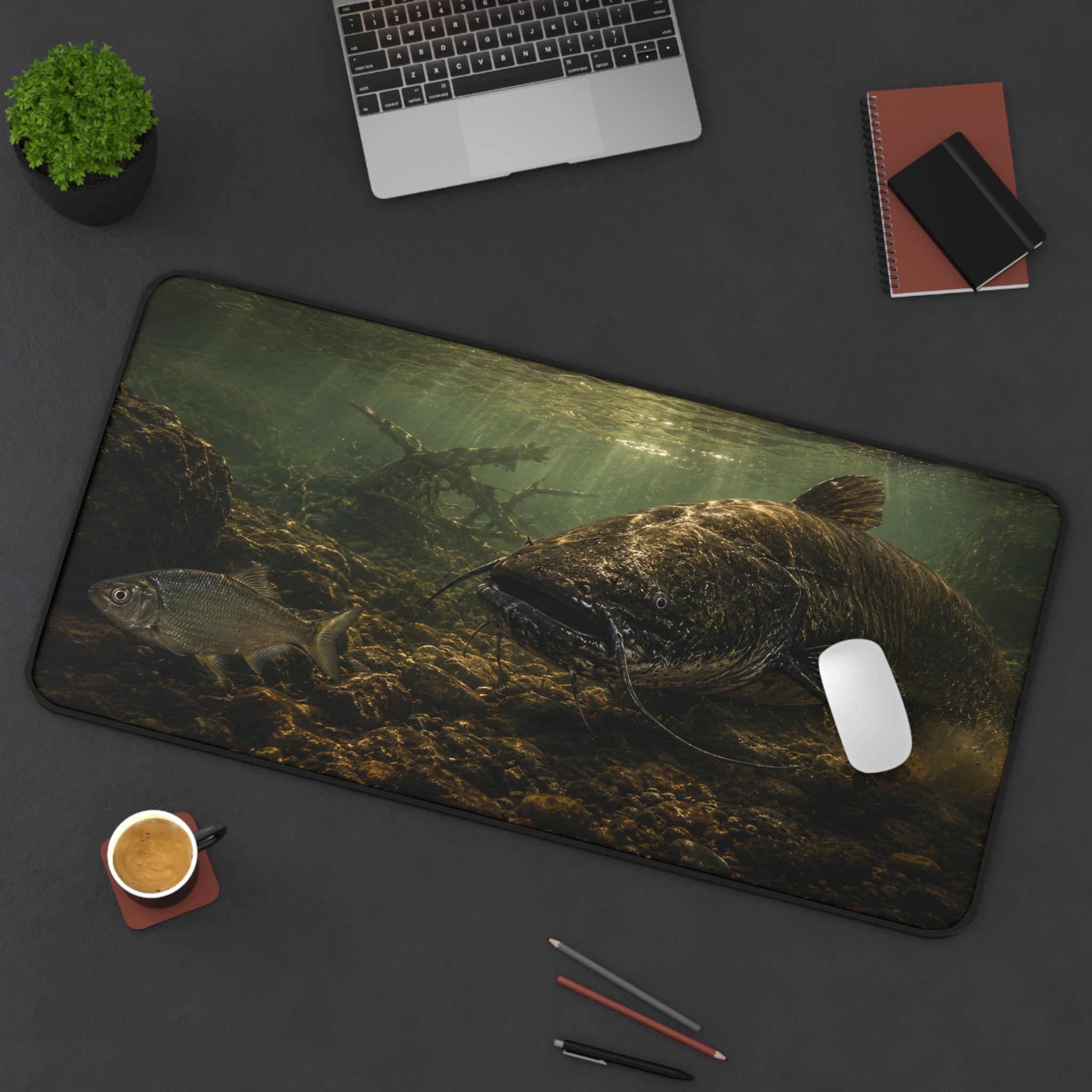 Dark Catfish Desk Mat — Thick Stitched Edge Gaming Desk Mat with Original Artwork