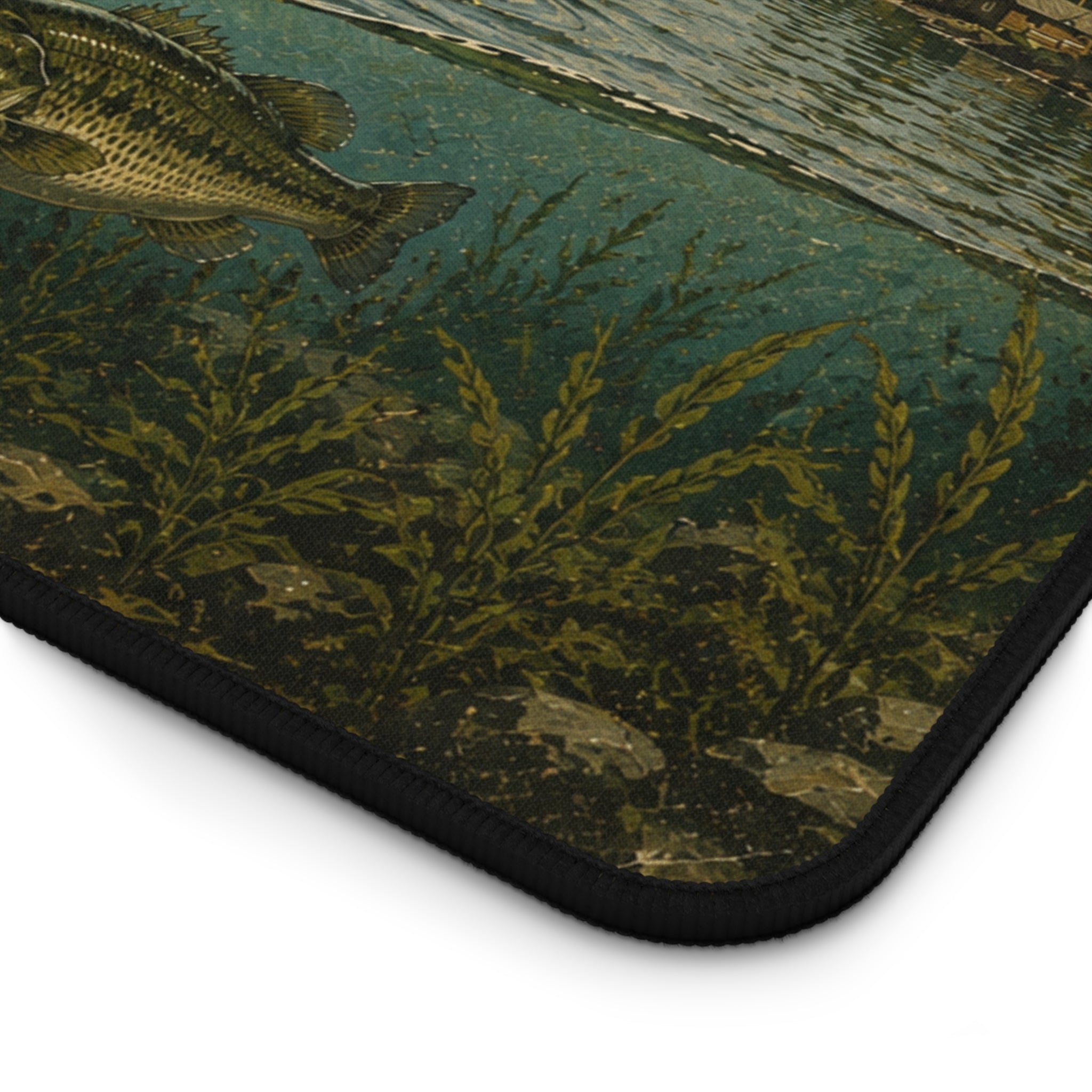Bass Fishing Vintage Lake Scene Desk Mat | Fisherman Boat Illustration