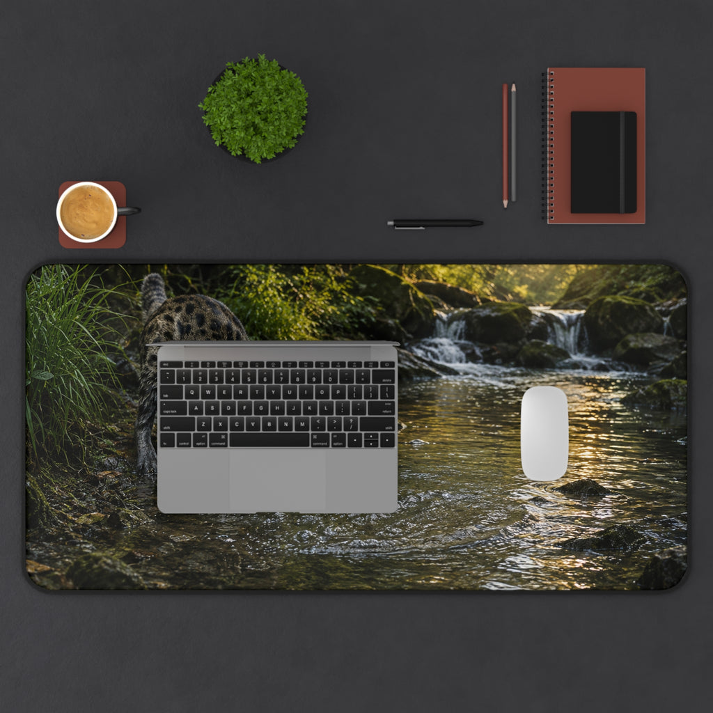 Forest Stream Leopard Desk Mat | Scenic Wildlife Mouse Pad