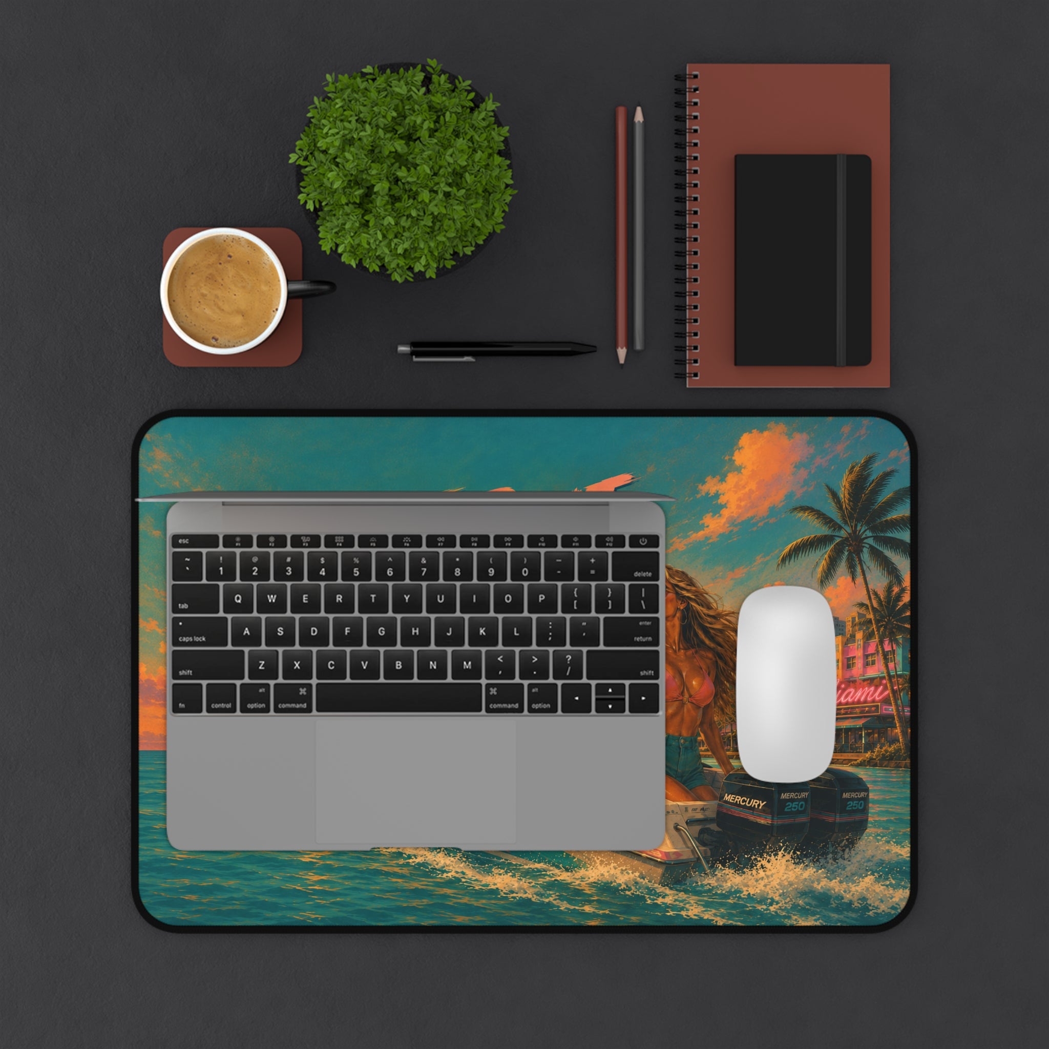 Hot Boat Summer desk mat | retro beach sunset, speedboat pinup art