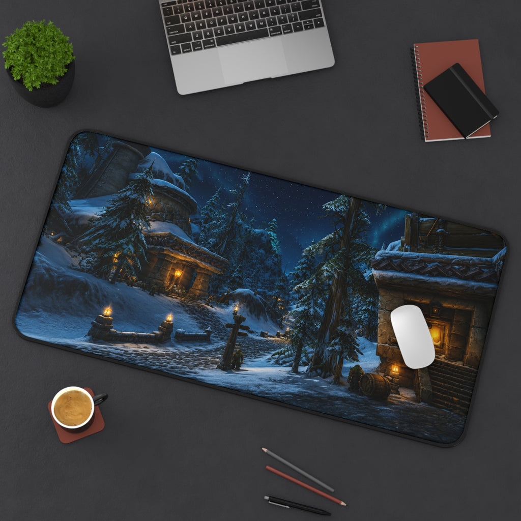 Snowy Village Night Desk Mat | Winter Cottage Landscape