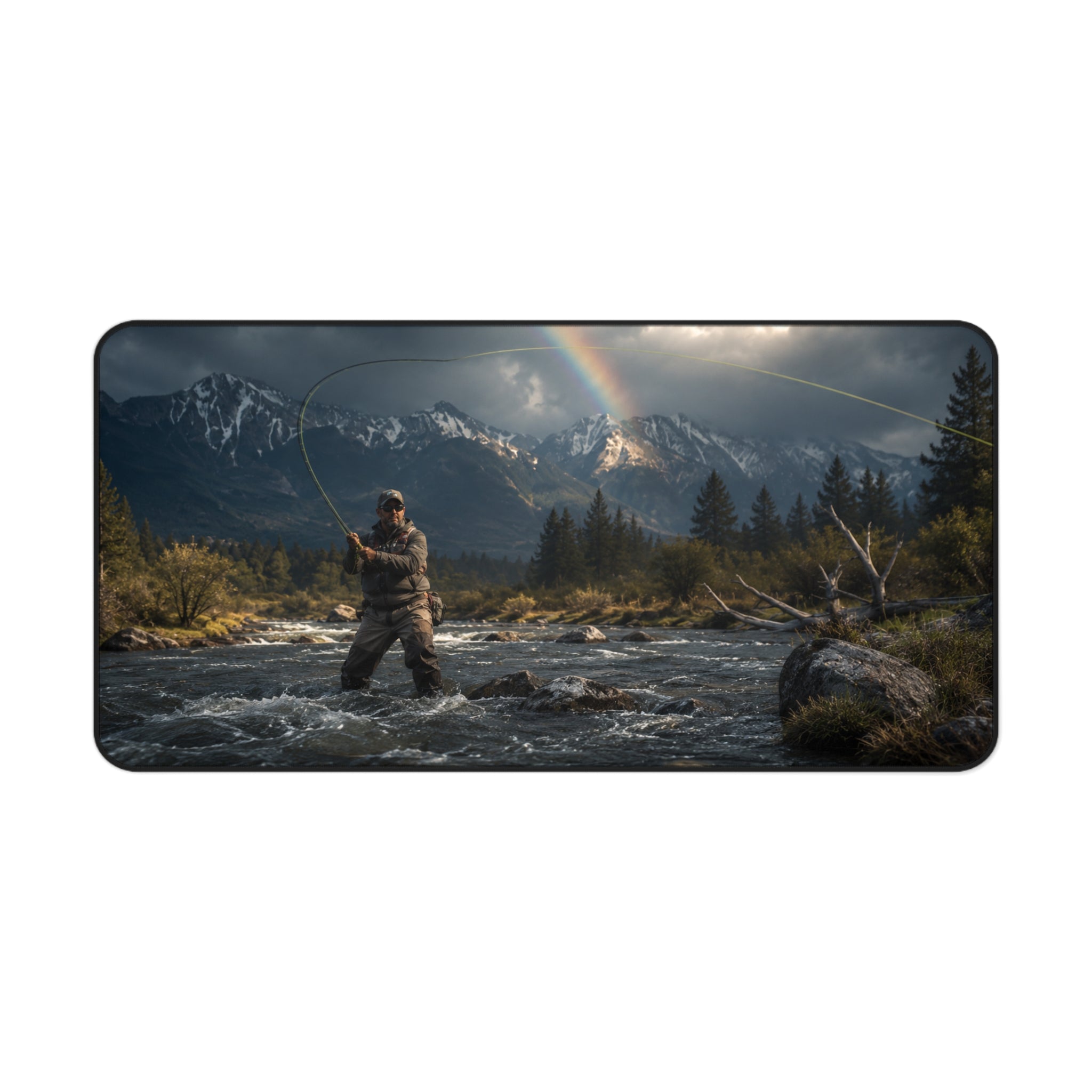 Fly Fishing Desk Mat, Fly Fisherman Gift, Mountain River Mouse Pad, Trout Angler Gaming Mat, Rainbow Fishing Office Decor