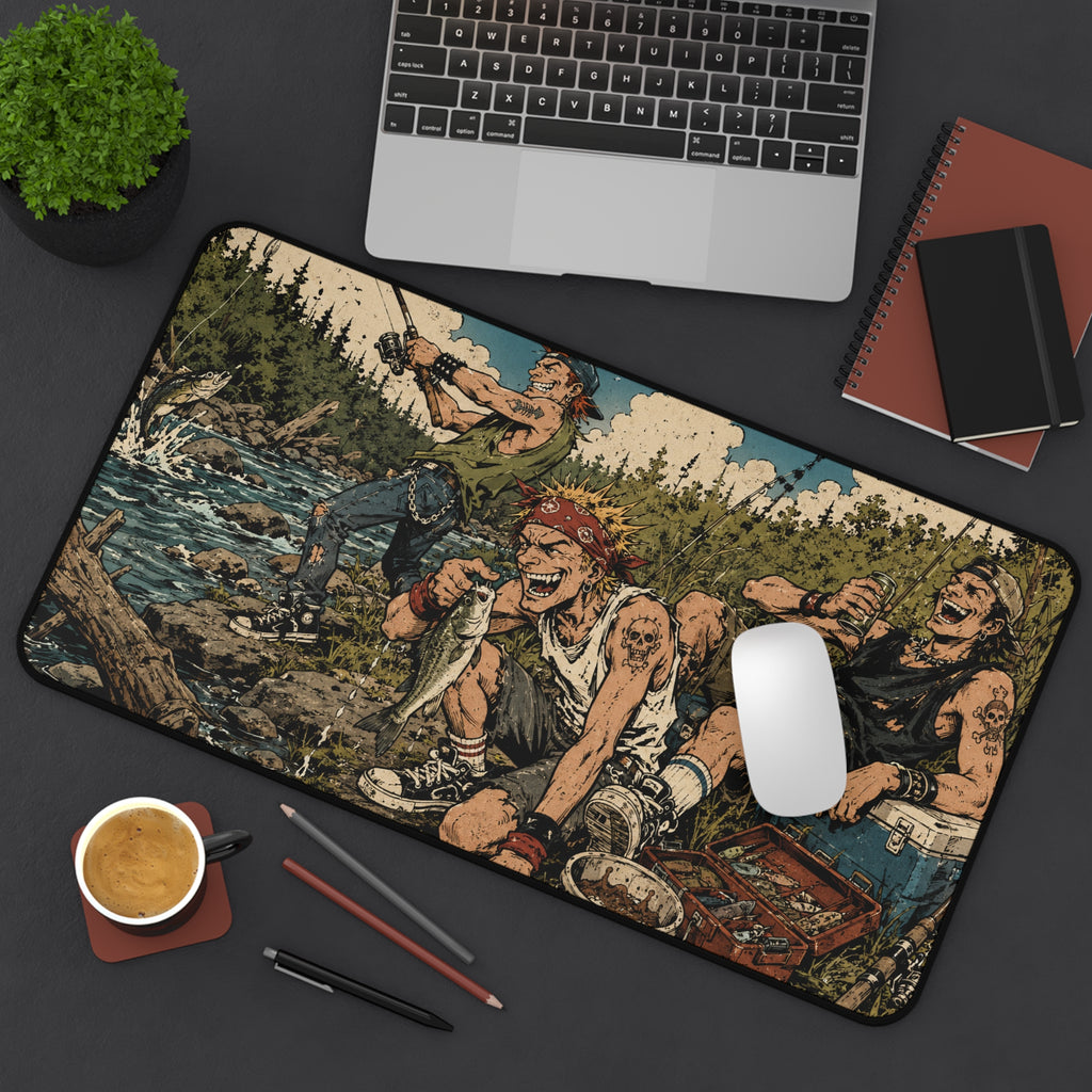 River Rats Fishing Desk Mat, Punk Anime Angler Mouse Pad, Rustic Outdoor River Scene, Fisherman Gift, Large Gaming Mouse Pad, Office Decor
