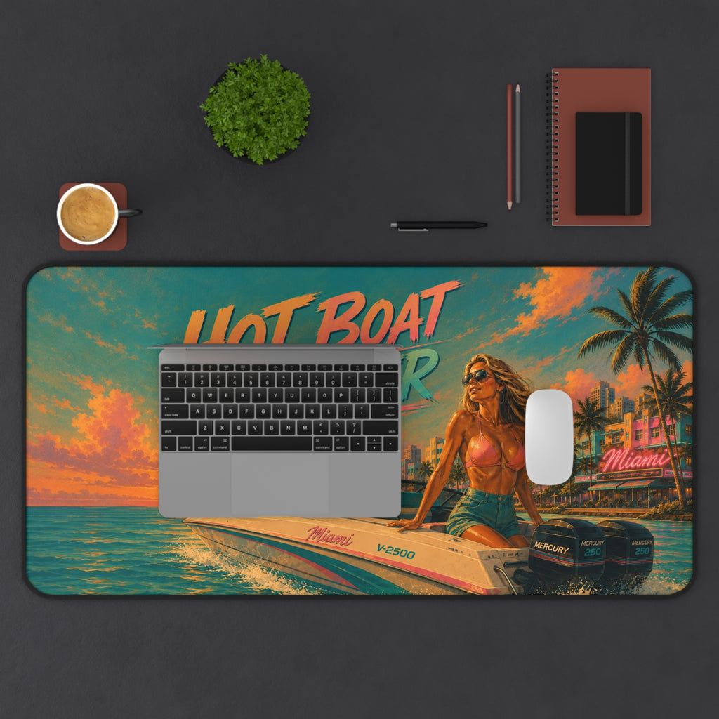 Hot Boat Summer desk mat | retro beach sunset, speedboat pinup art