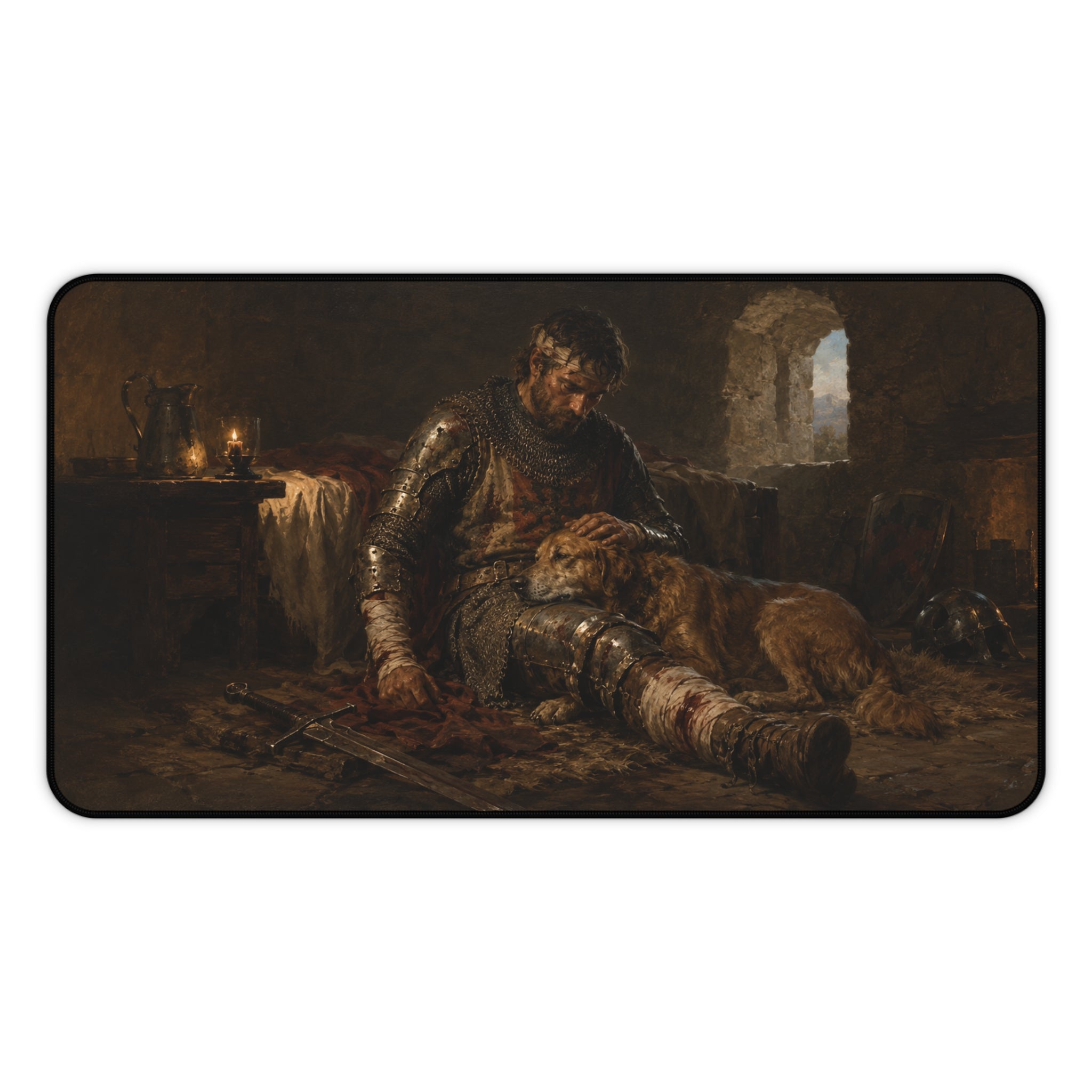Knight and Dog Painting Desk Mat | Medieval Armor, Rustic Oil Art
