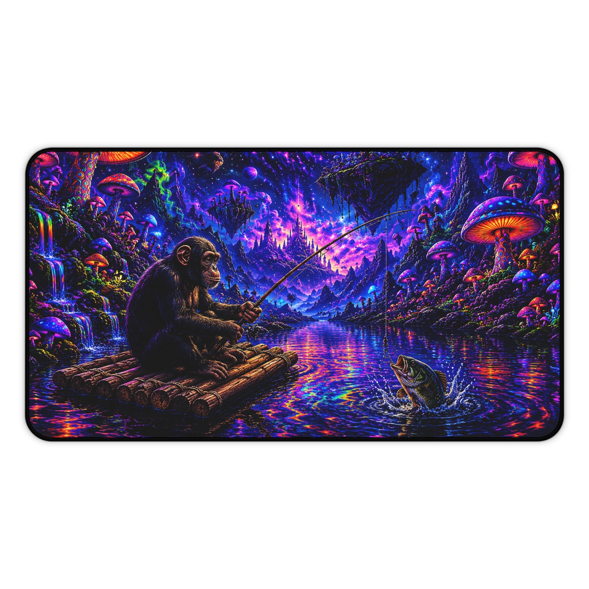 Psychedelic Night Fishing Desk Mat — Neon Mushroom Galaxy Mouse Pad