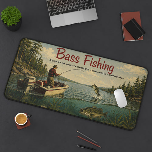 Bass Fishing Vintage Lake Scene Desk Mat | Fisherman Boat Illustration