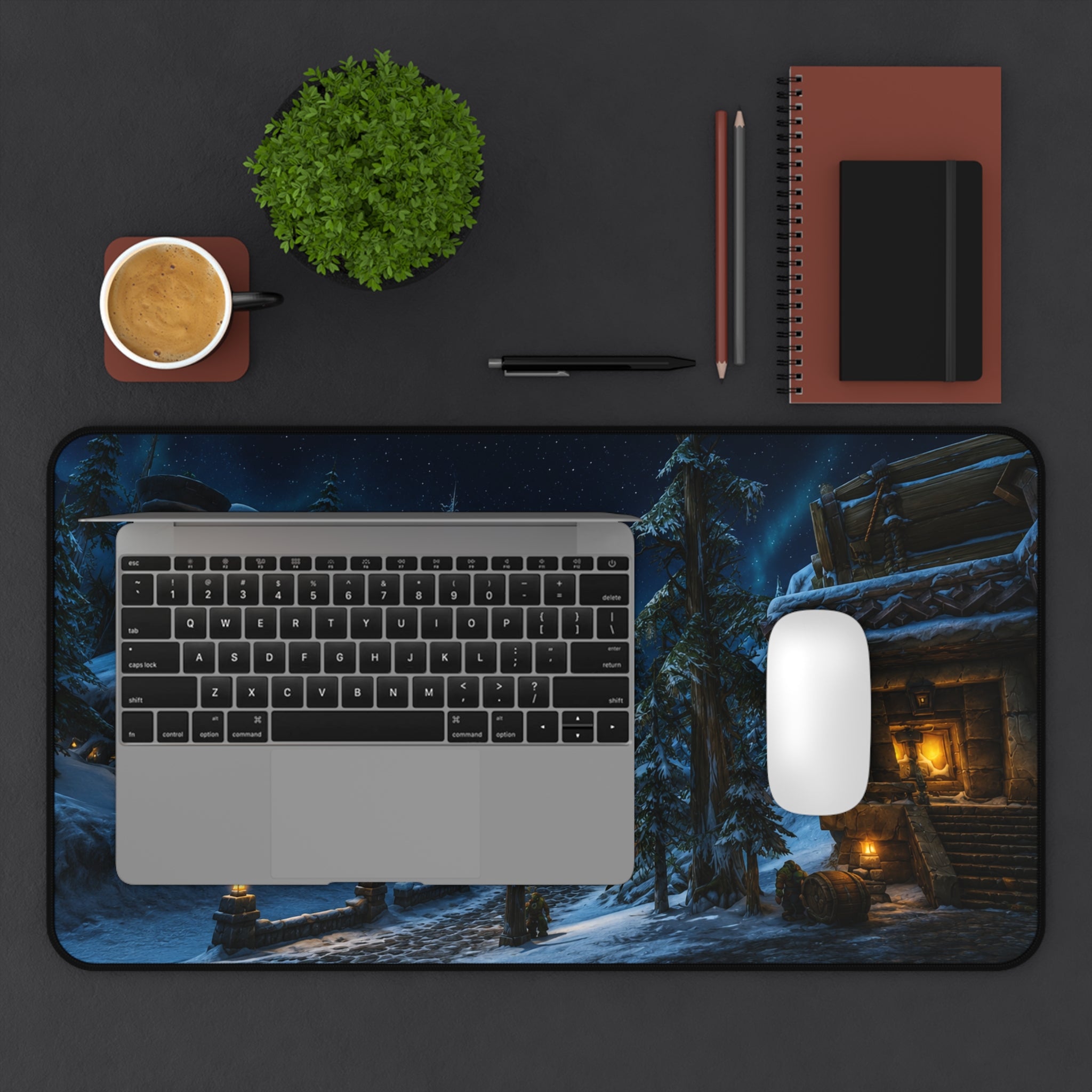 Snowy Village Night Desk Mat | Winter Cottage Landscape