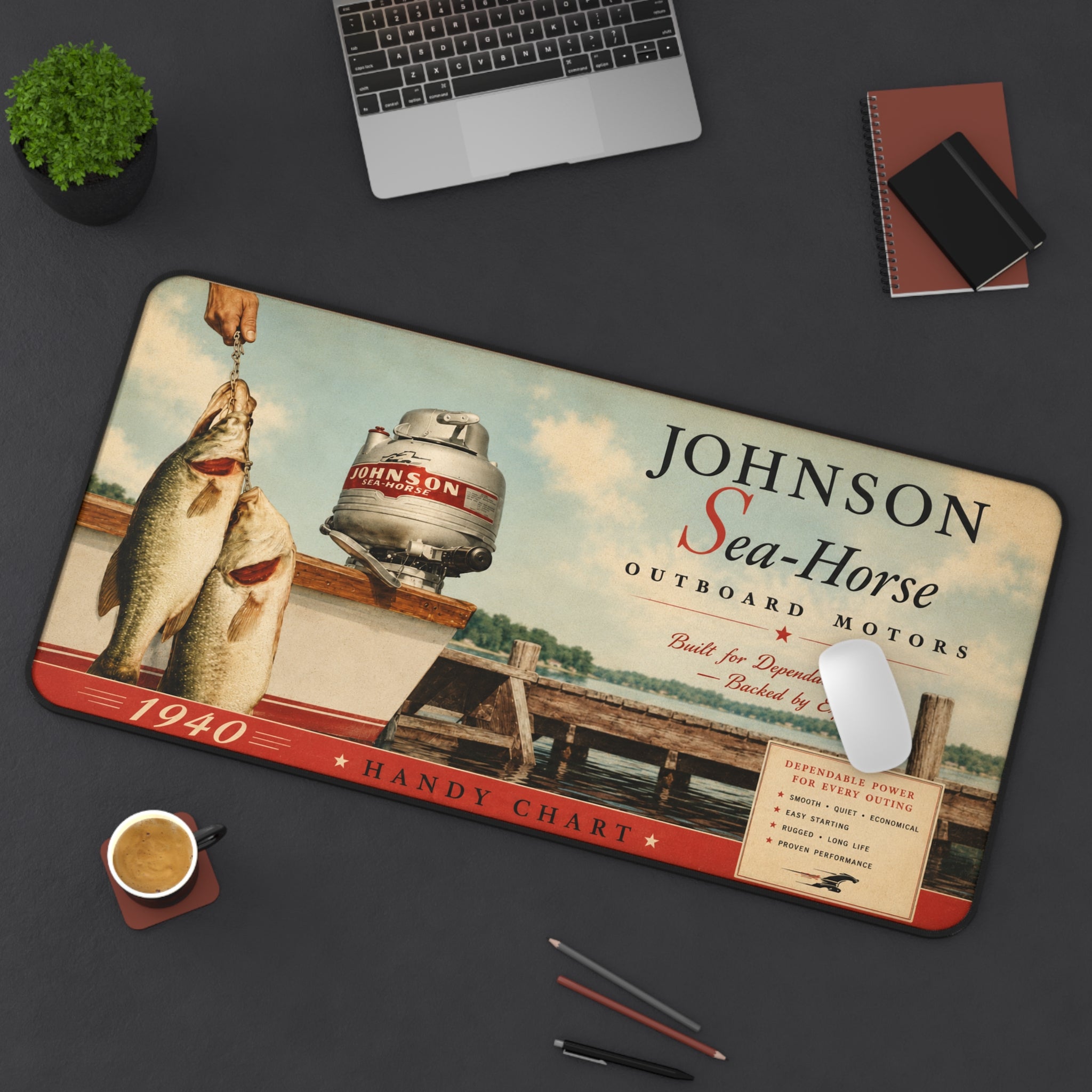 Vintage Johnson Sea-Horse Outboard Motor Desk Mat | 1940 Fishing Dock Art