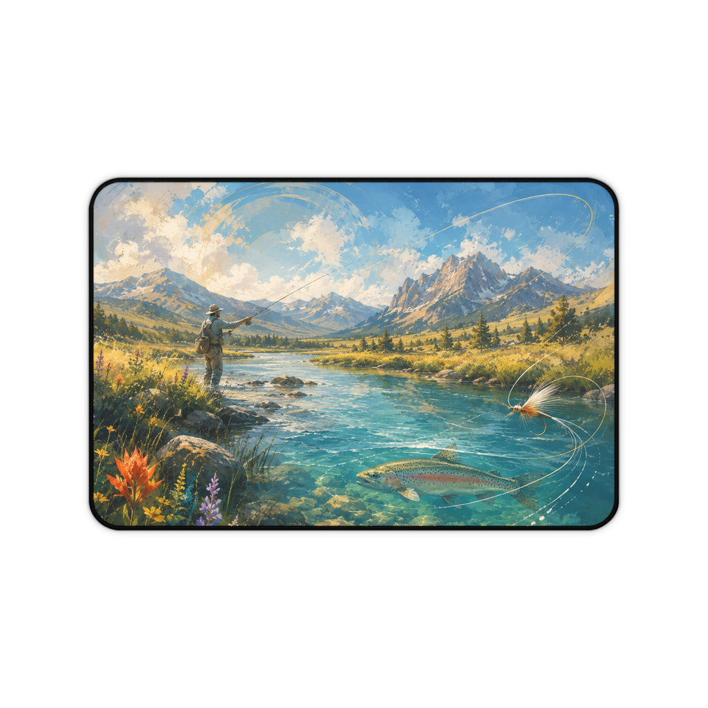 Mountain Fly Fishing Scene Desk Mat | River Trout Landscape Mousepad