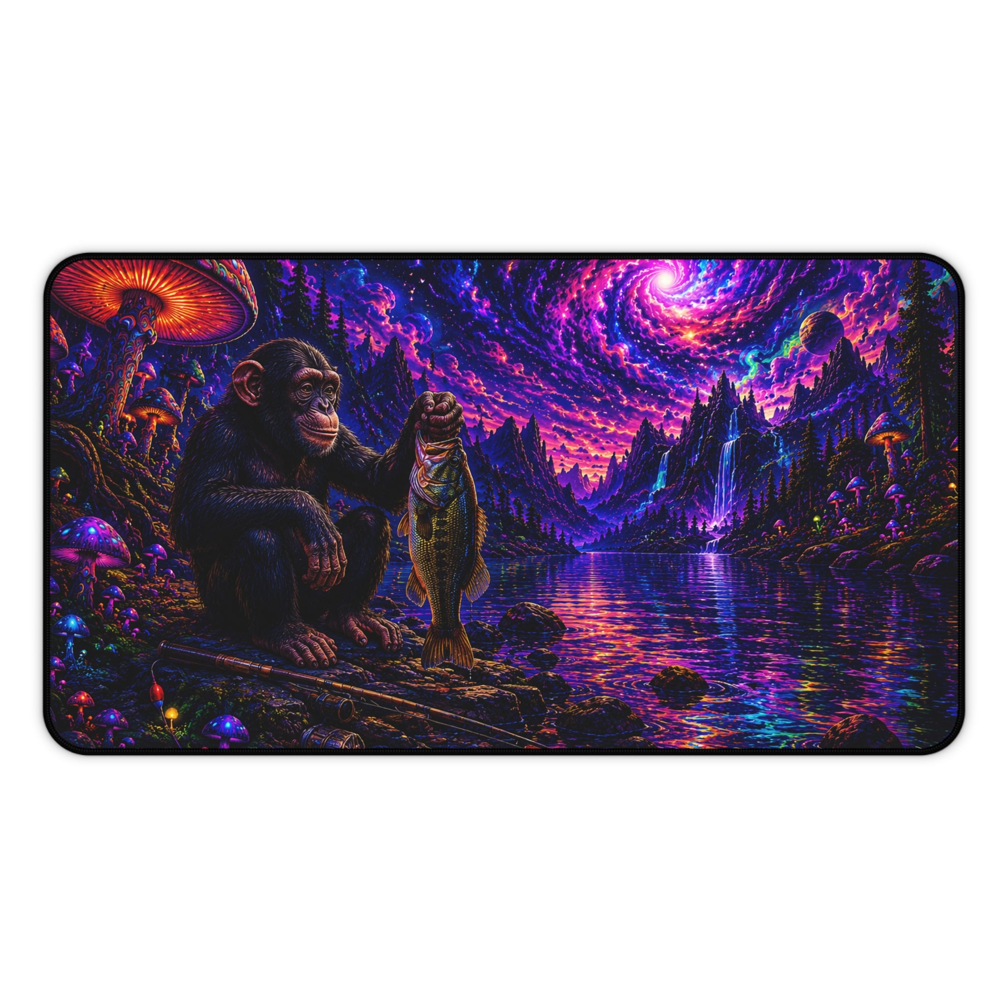 Psychedelic Nightscape Chimp Fishing Desk Mat | Cosmic Mushroom Lake