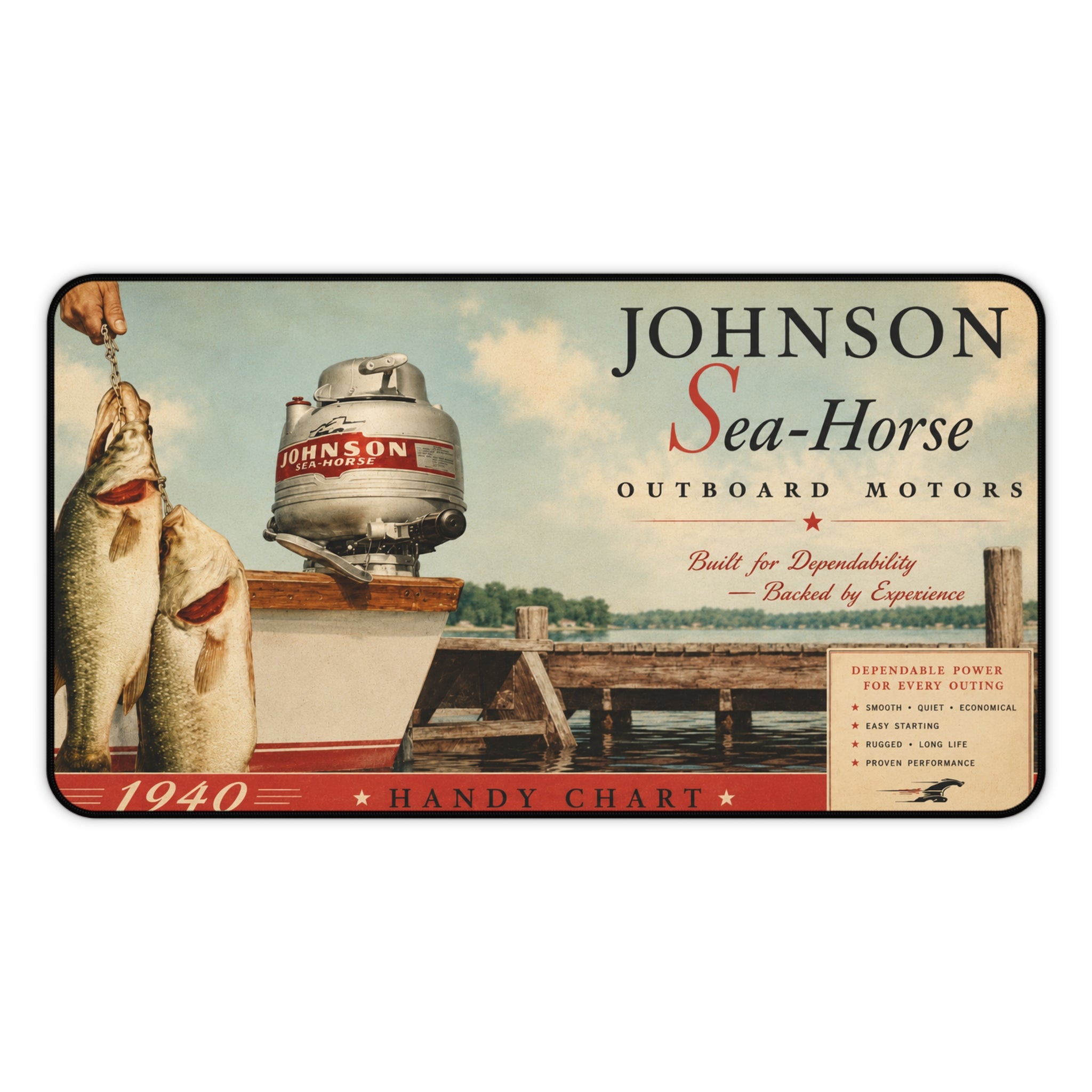 Vintage Johnson Sea-Horse Outboard Motor Desk Mat | 1940 Fishing Dock Art