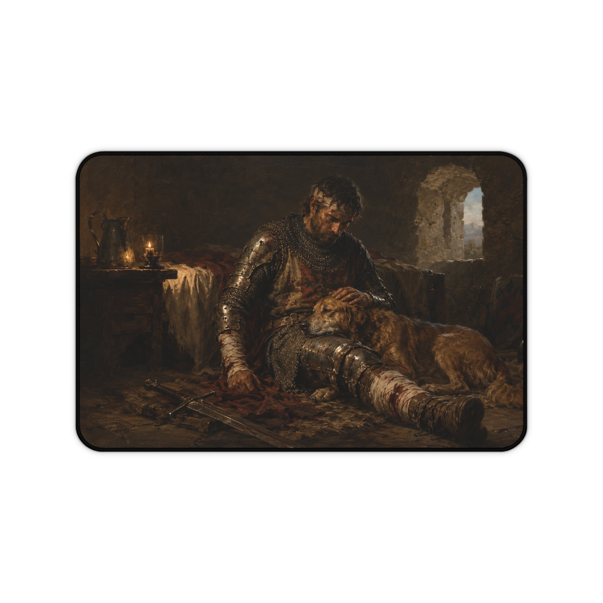 Knight and Dog Painting Desk Mat | Medieval Armor, Rustic Oil Art
