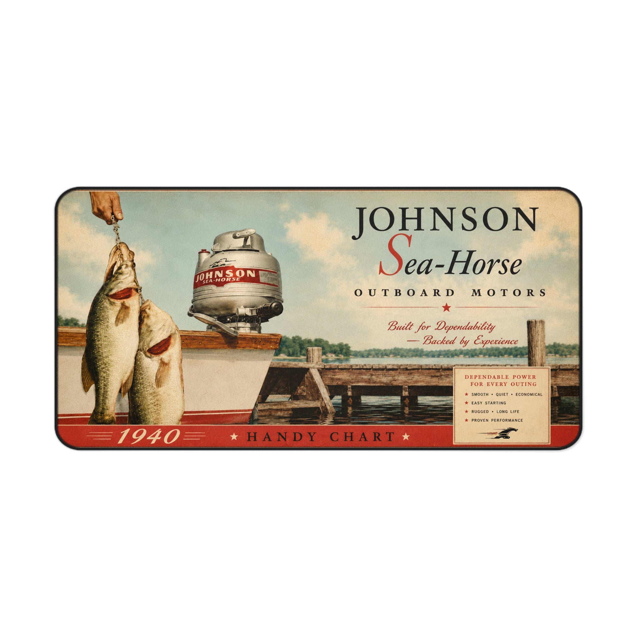 Vintage Johnson Sea-Horse Outboard Motor Desk Mat | 1940 Fishing Dock Art
