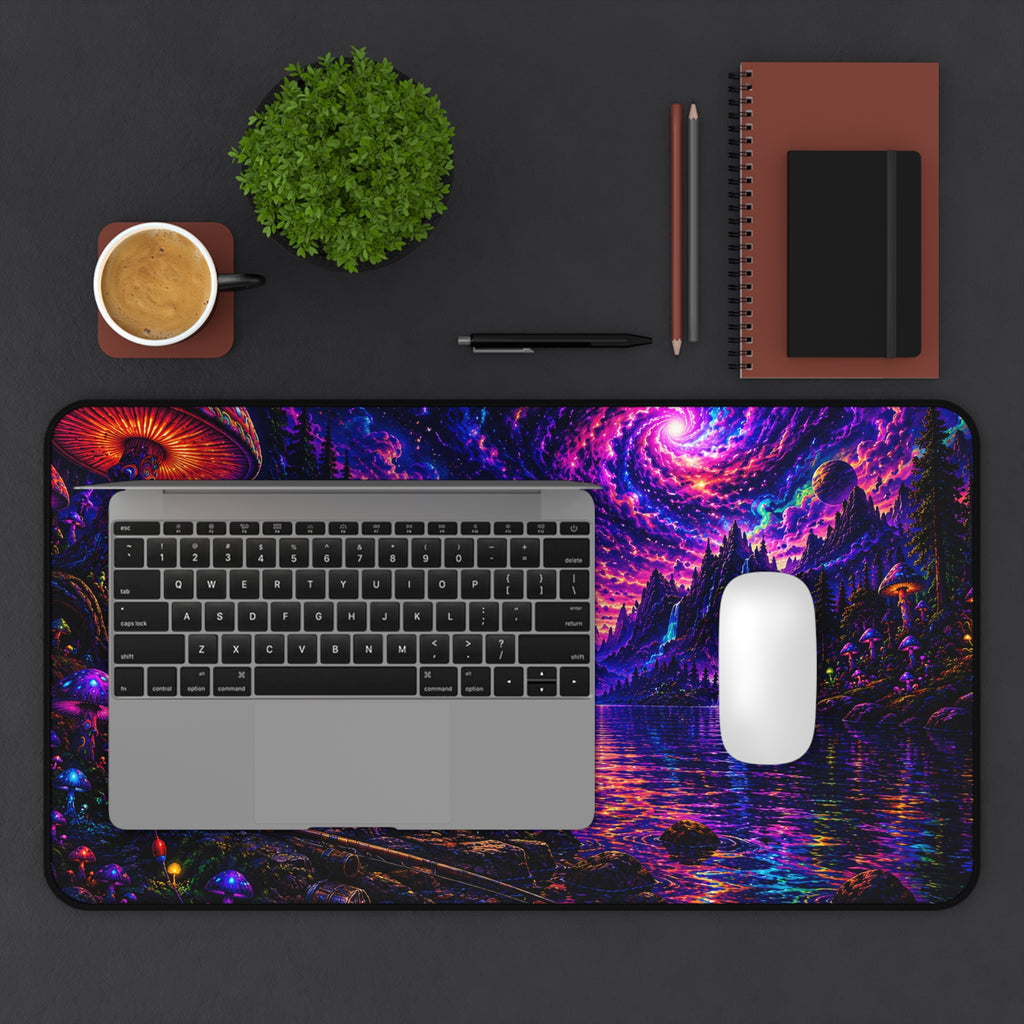 Psychedelic Nightscape Chimp Fishing Desk Mat | Cosmic Mushroom Lake