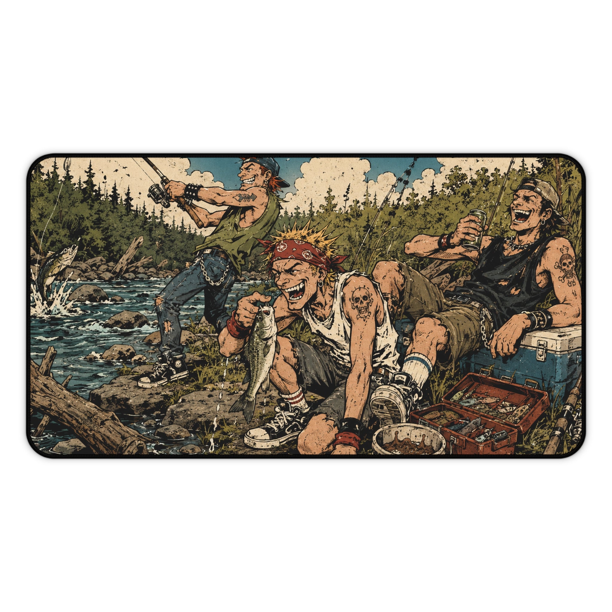 River Rats Fishing Desk Mat, Punk Anime Angler Mouse Pad, Rustic Outdoor River Scene, Fisherman Gift, Large Gaming Mouse Pad, Office Decor