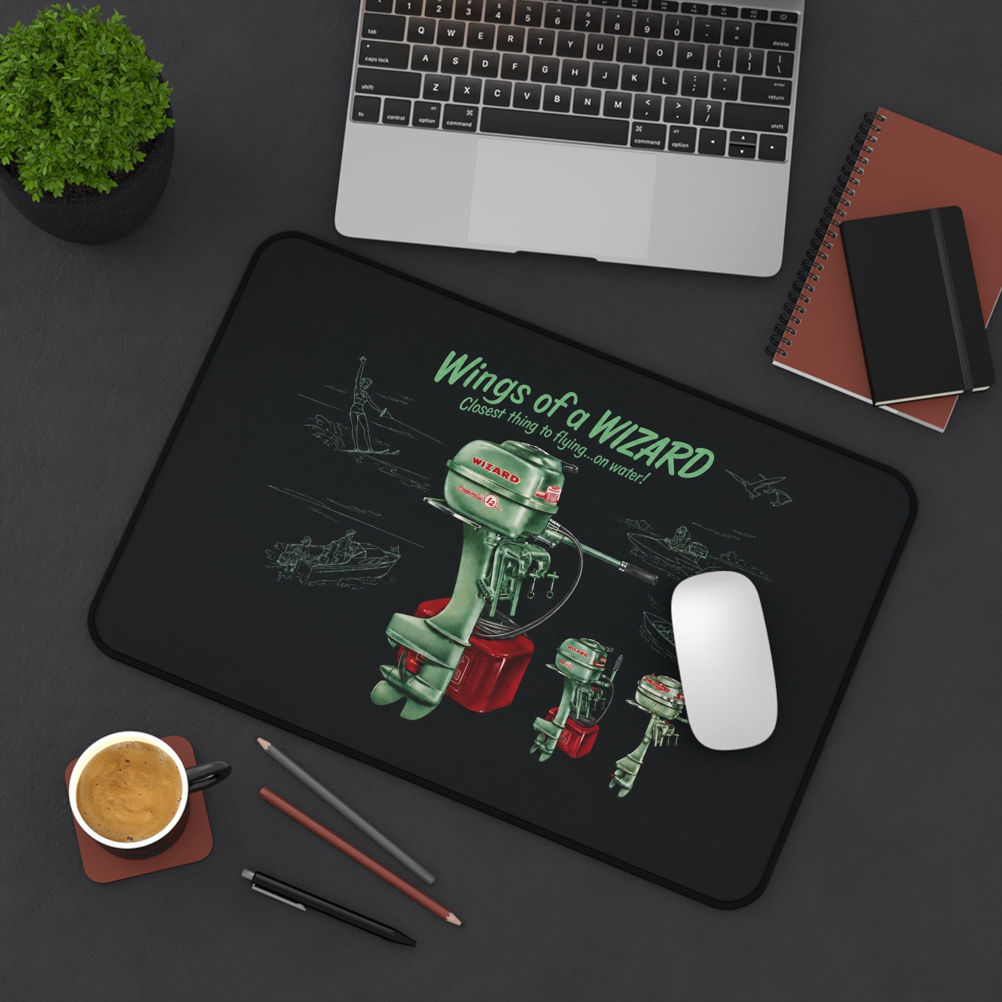 Vintage Wizard Outboard Motor Desk Mat, Retro Boat Ad Mouse Pad, Classic Marine Office Decor, Boater Gift, Large Desk Mat