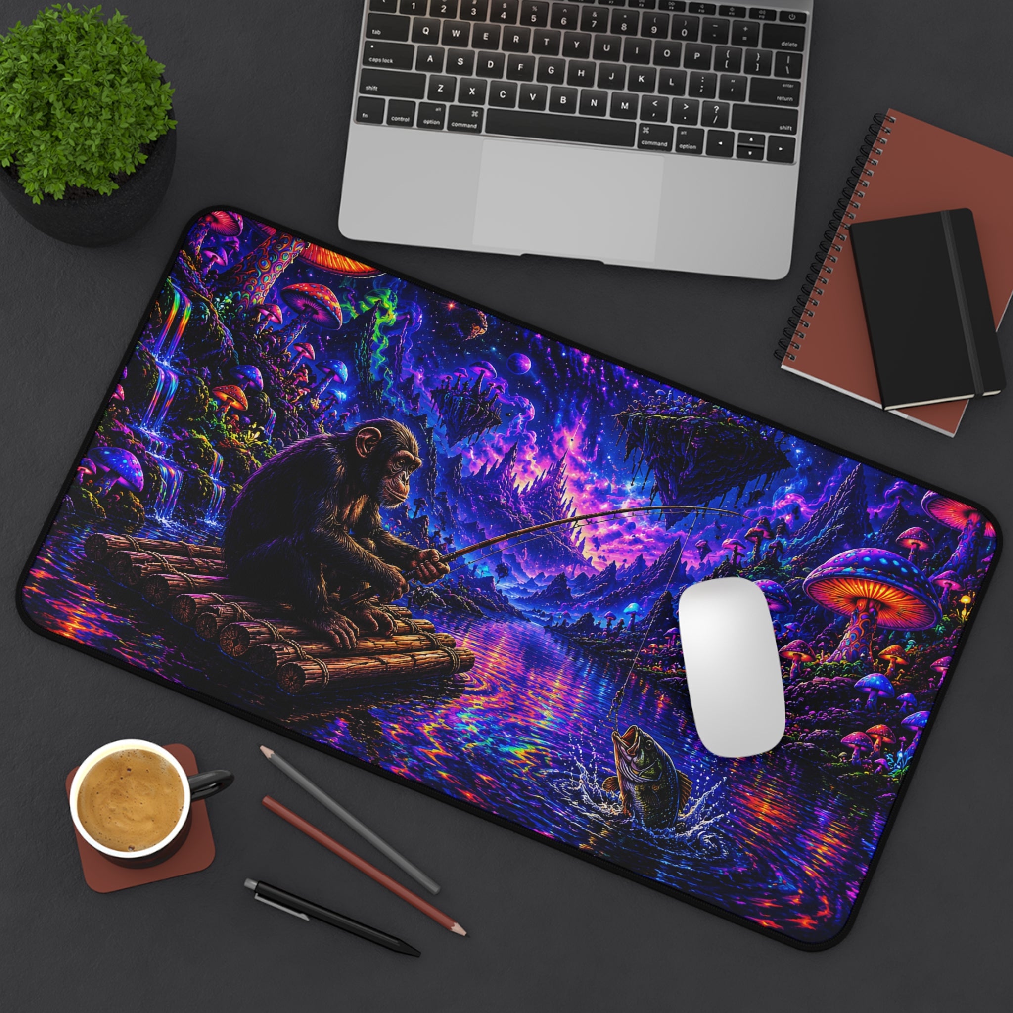 Psychedelic Night Fishing Desk Mat — Neon Mushroom Galaxy Mouse Pad