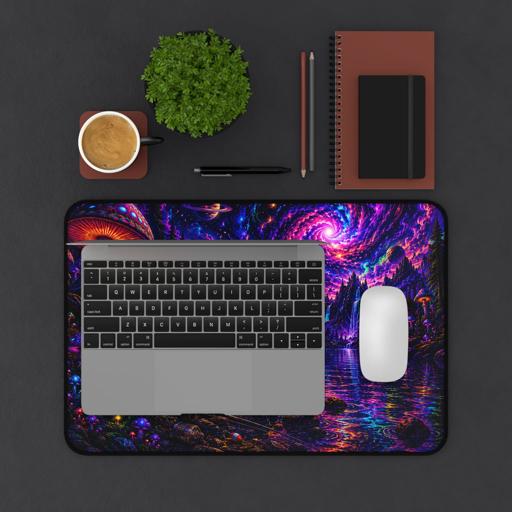 Psychedelic Nightscape Chimp Fishing Desk Mat | Cosmic Mushroom Lake