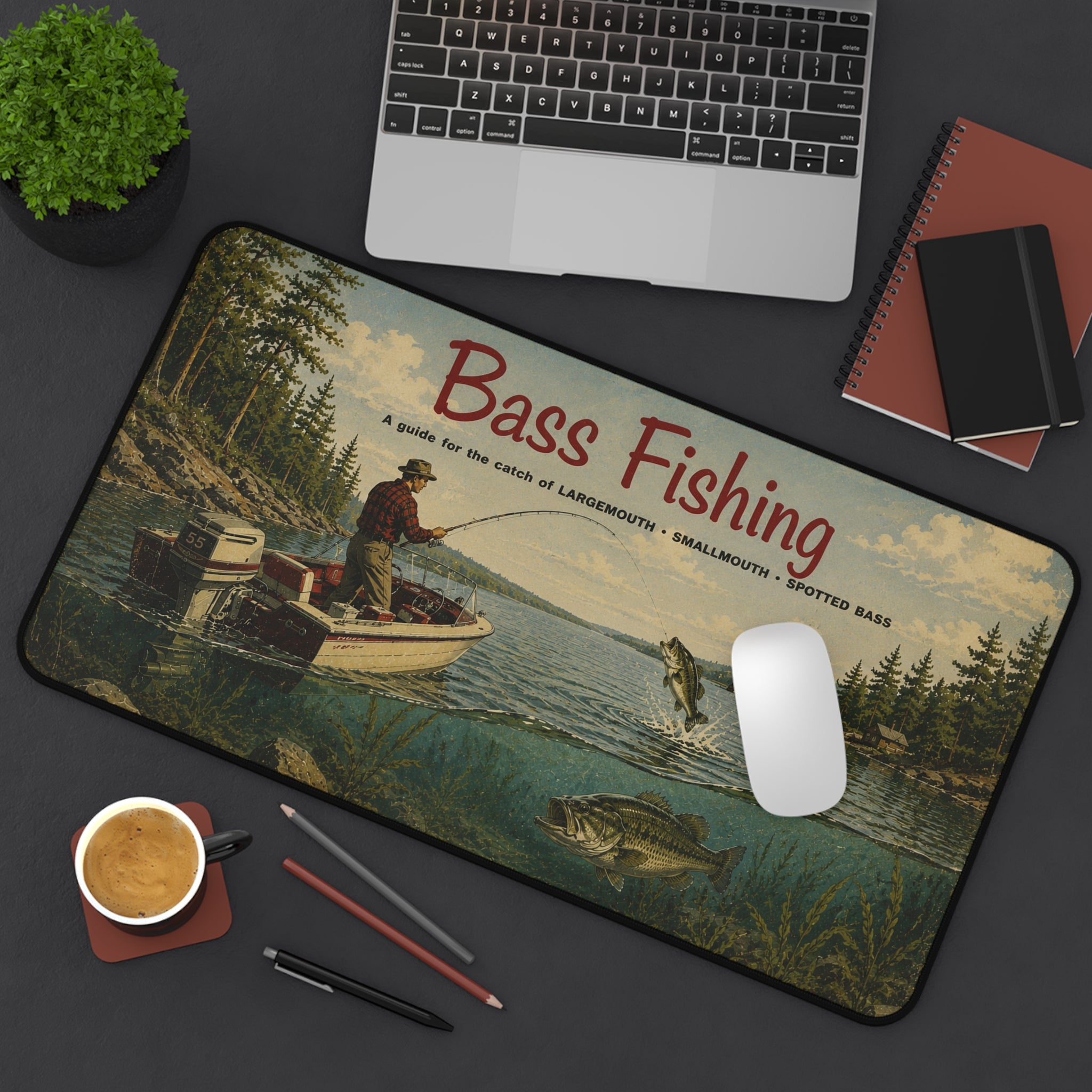 Bass Fishing Vintage Lake Scene Desk Mat | Fisherman Boat Illustration