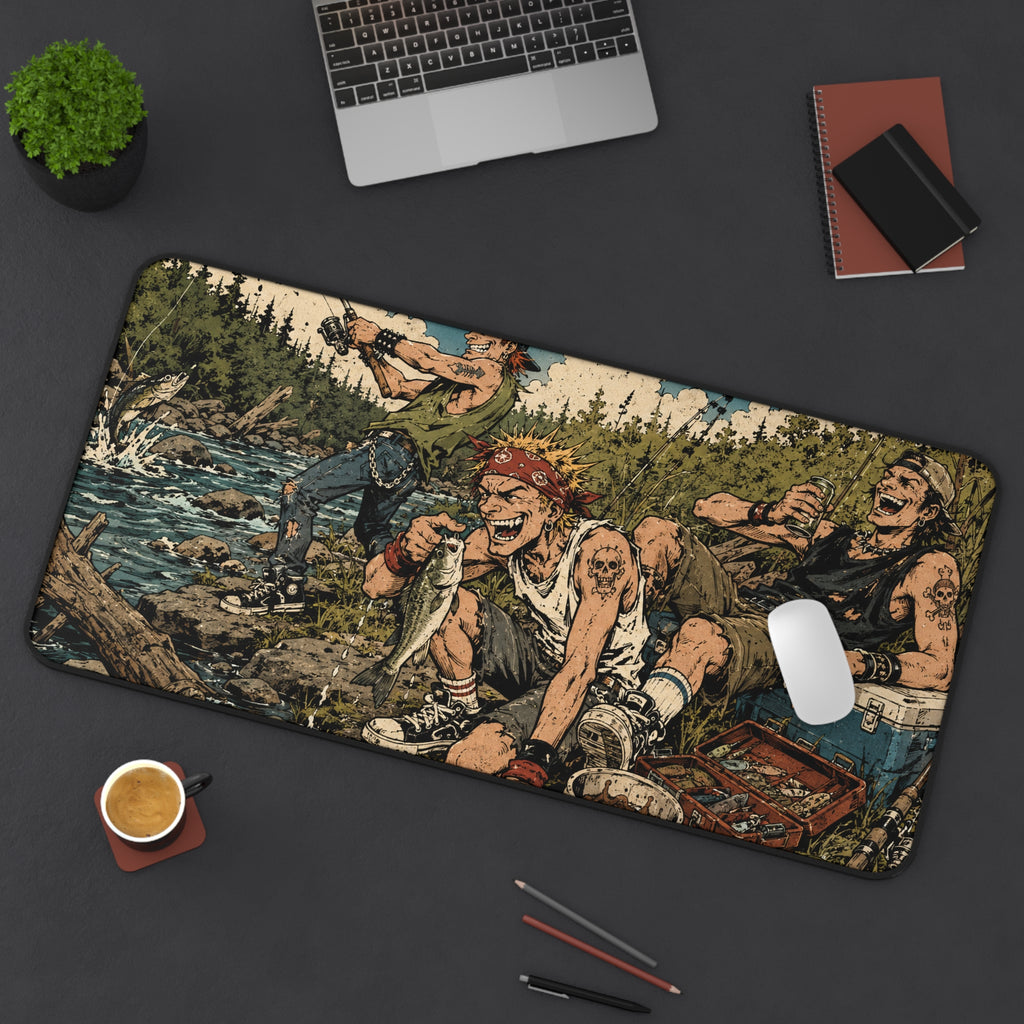 River Rats Fishing Desk Mat, Punk Anime Angler Mouse Pad, Rustic Outdoor River Scene, Fisherman Gift, Large Gaming Mouse Pad, Office Decor