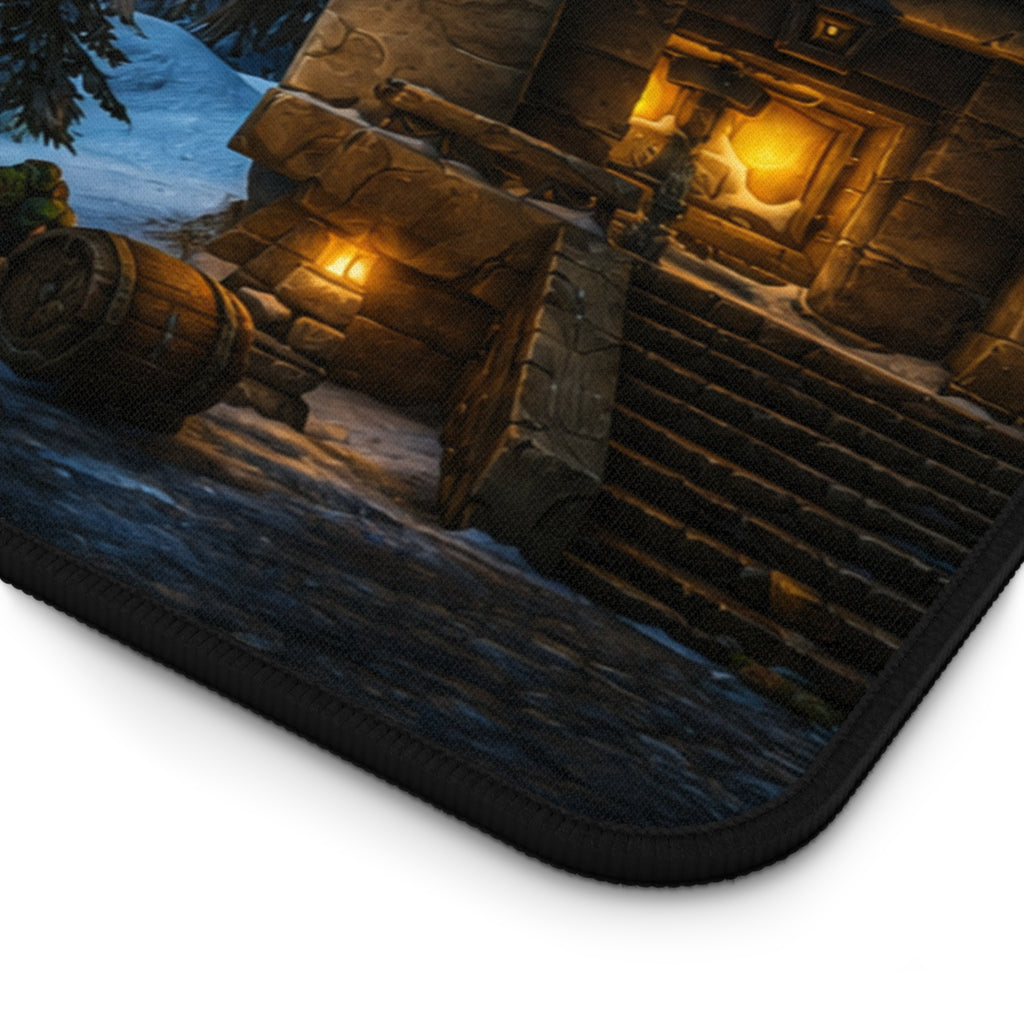 Snowy Village Night Desk Mat | Winter Cottage Landscape