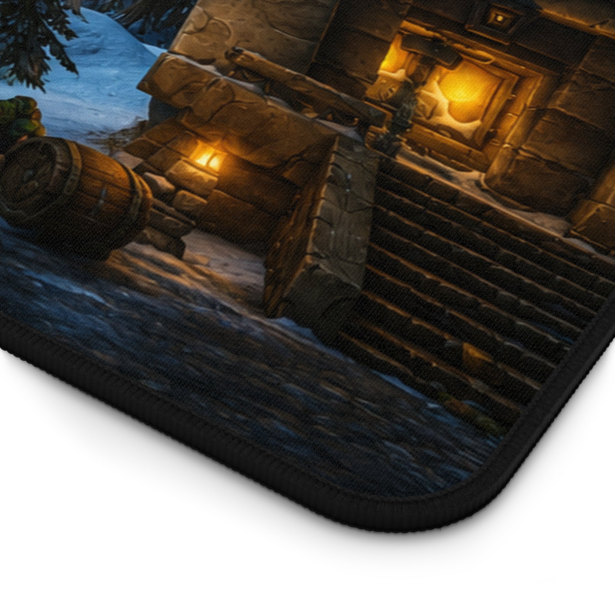 Snowy Village Night Desk Mat | Winter Cottage Landscape