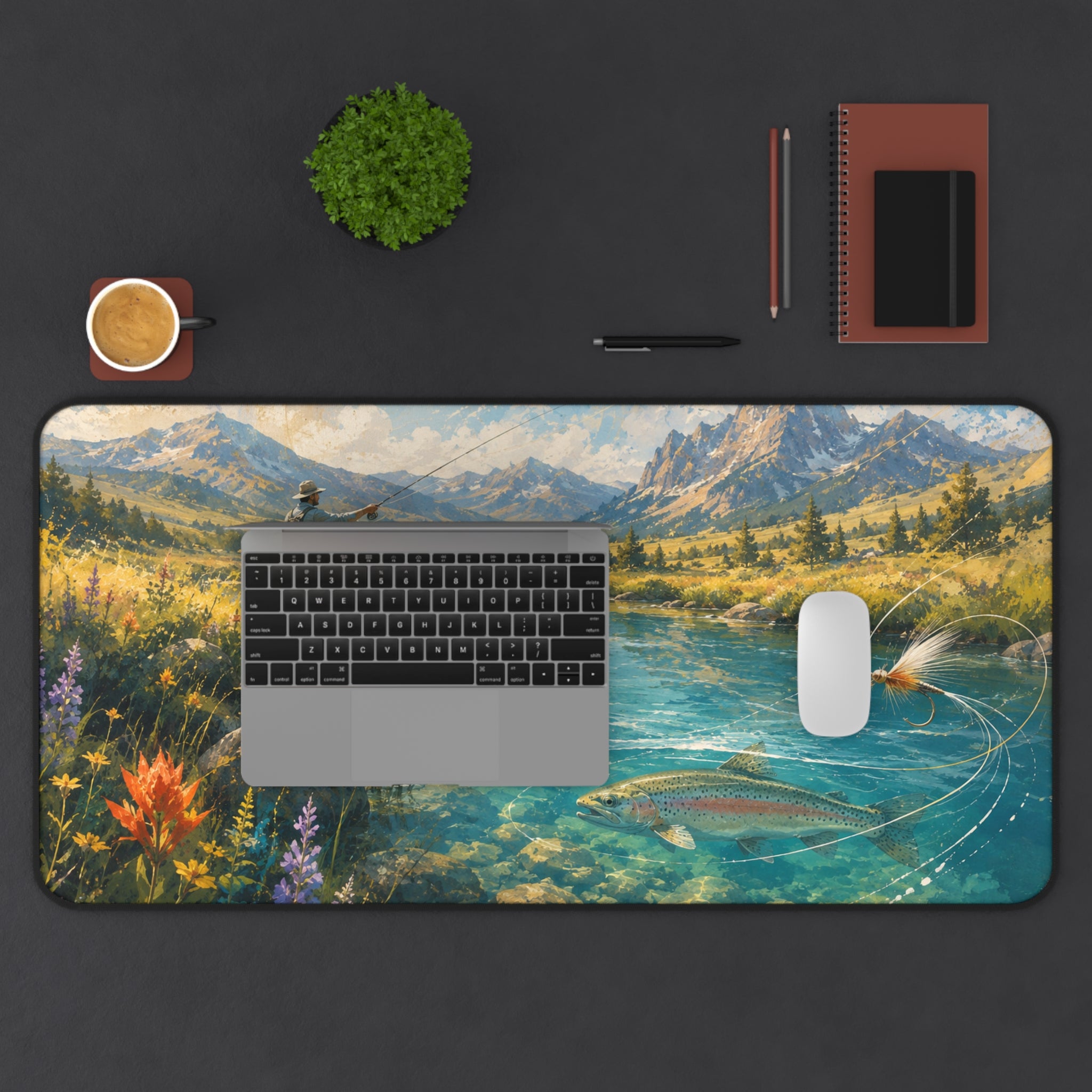 Mountain Fly Fishing Scene Desk Mat | River Trout Landscape Mousepad