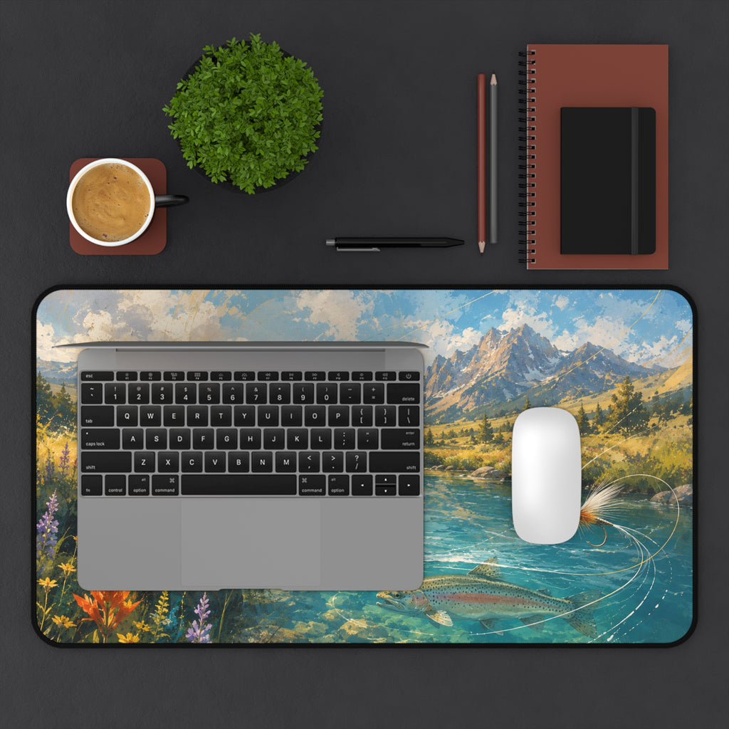 Mountain Fly Fishing Scene Desk Mat | River Trout Landscape Mousepad