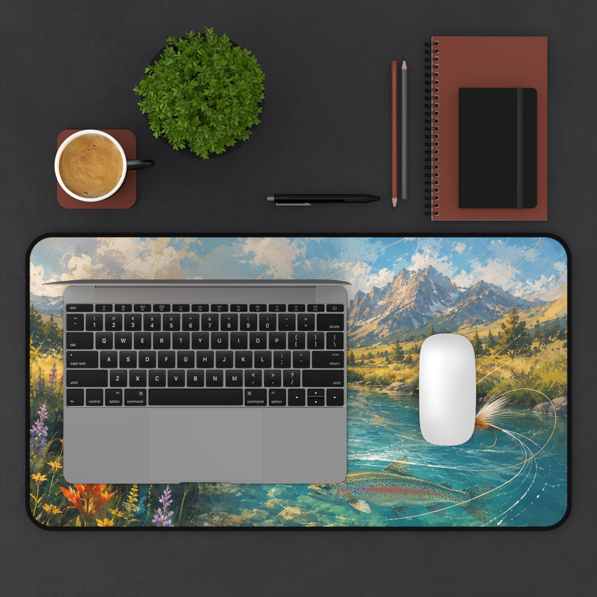 Mountain Fly Fishing Scene Desk Mat | River Trout Landscape Mousepad