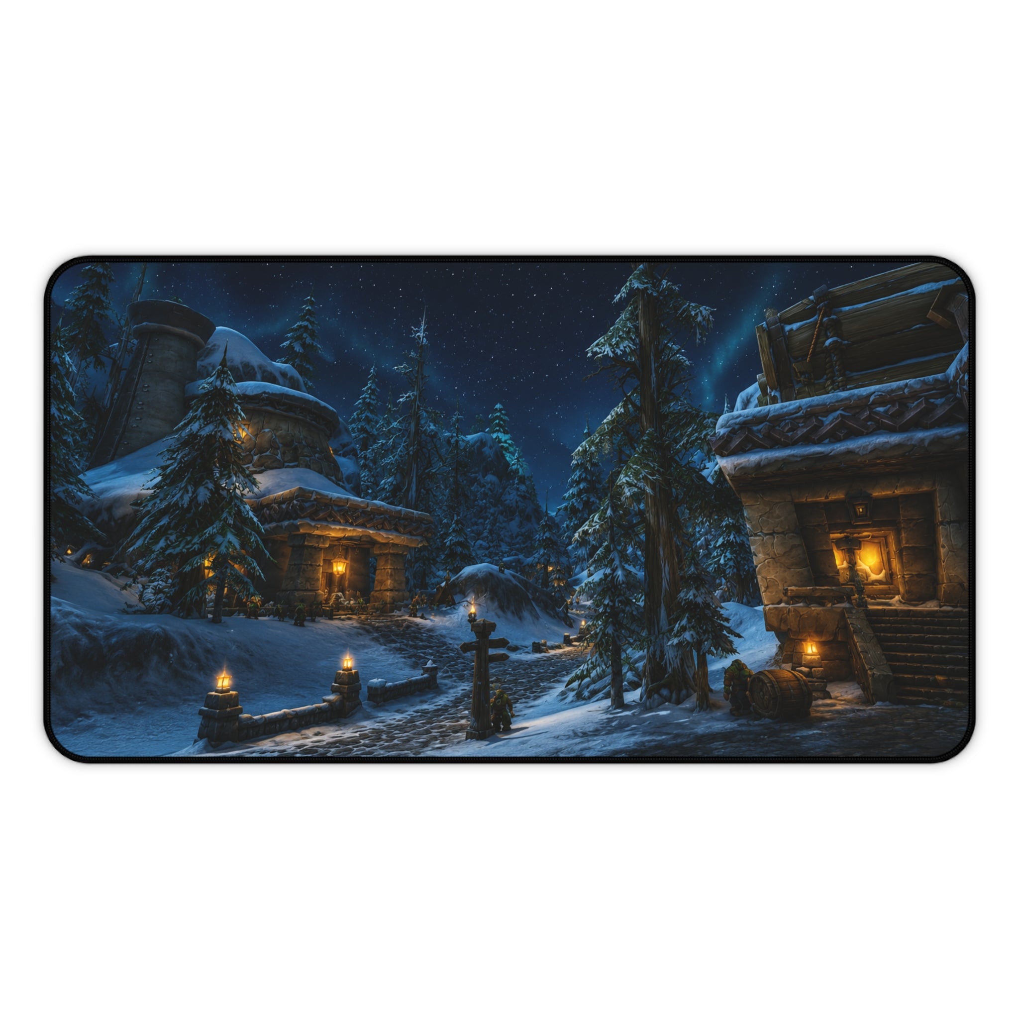 Snowy Village Night Desk Mat | Winter Cottage Landscape