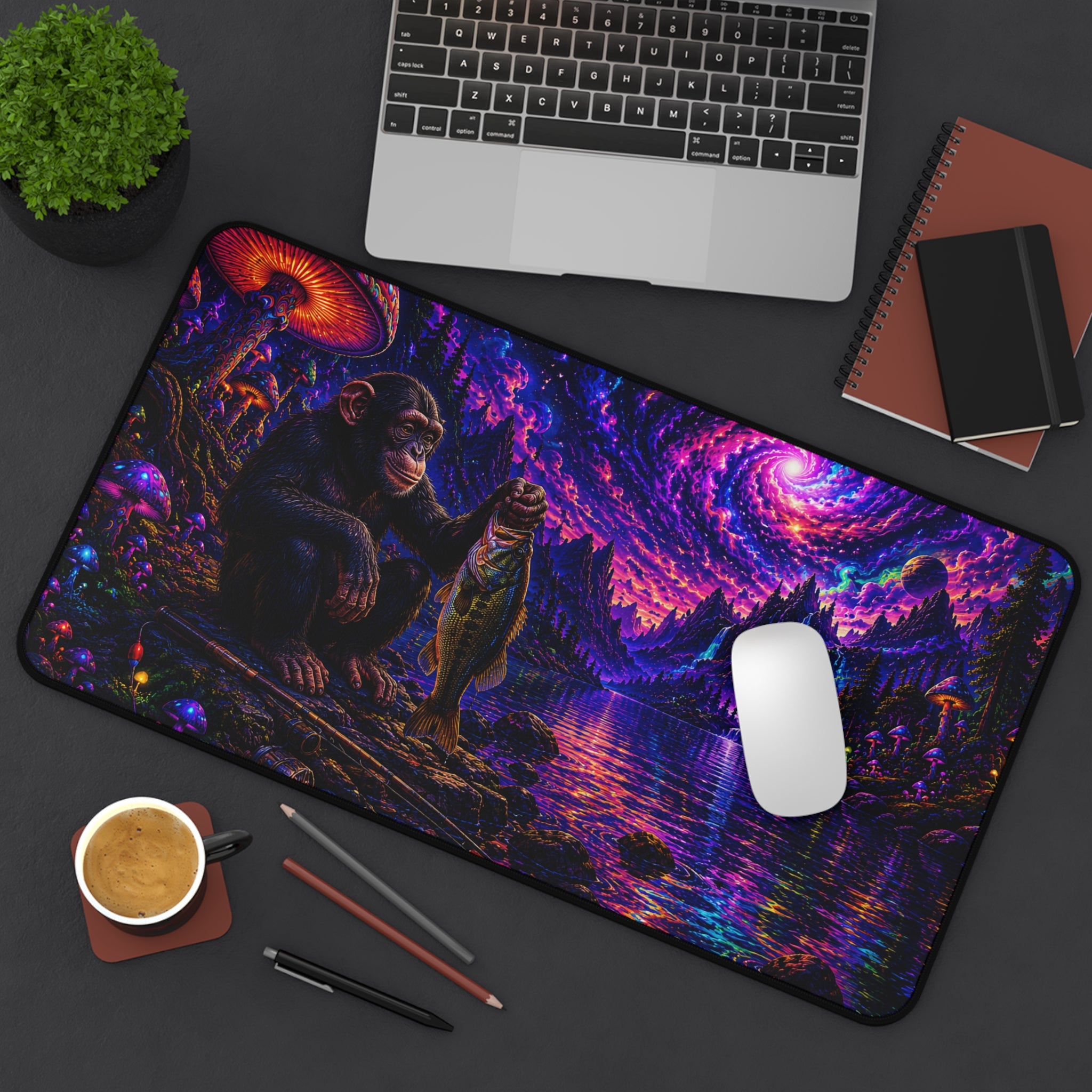 Psychedelic Nightscape Chimp Fishing Desk Mat | Cosmic Mushroom Lake