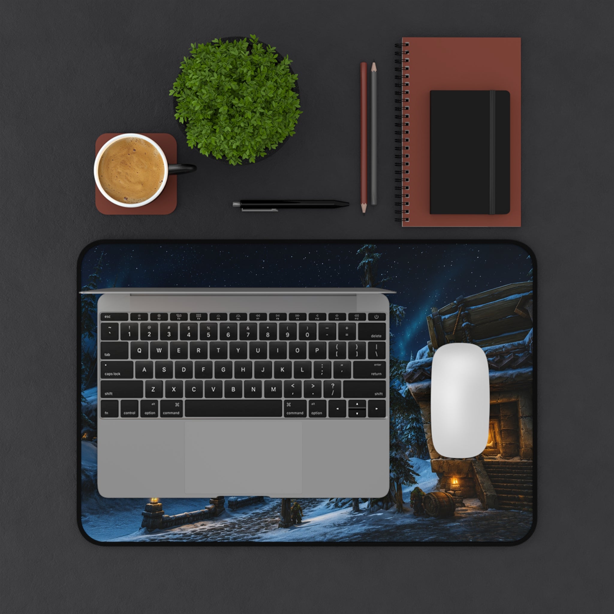 Snowy Village Night Desk Mat | Winter Cottage Landscape