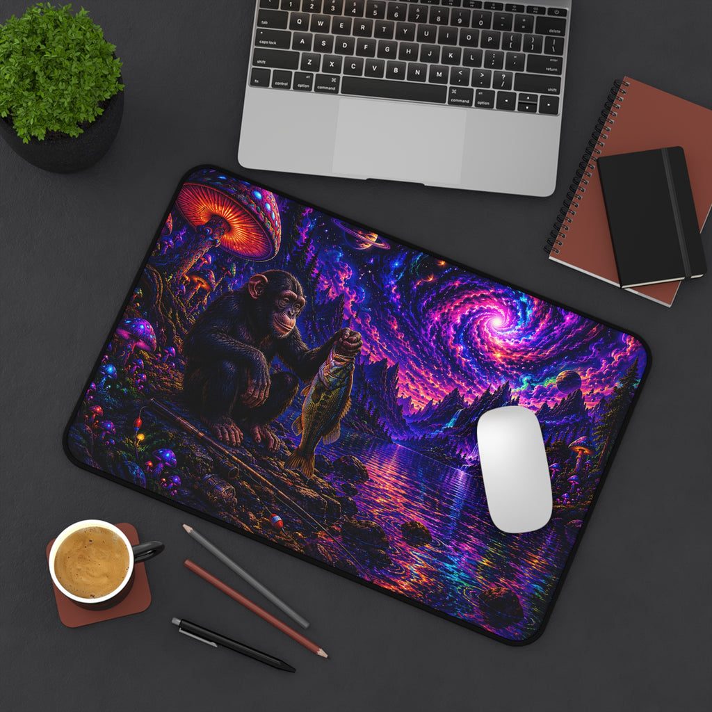 Psychedelic Nightscape Chimp Fishing Desk Mat | Cosmic Mushroom Lake