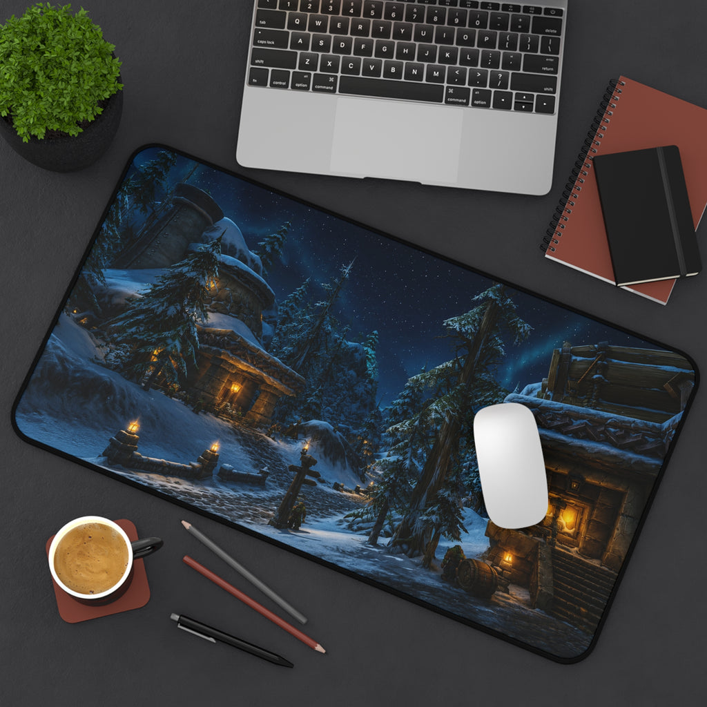 Snowy Village Night Desk Mat | Winter Cottage Landscape