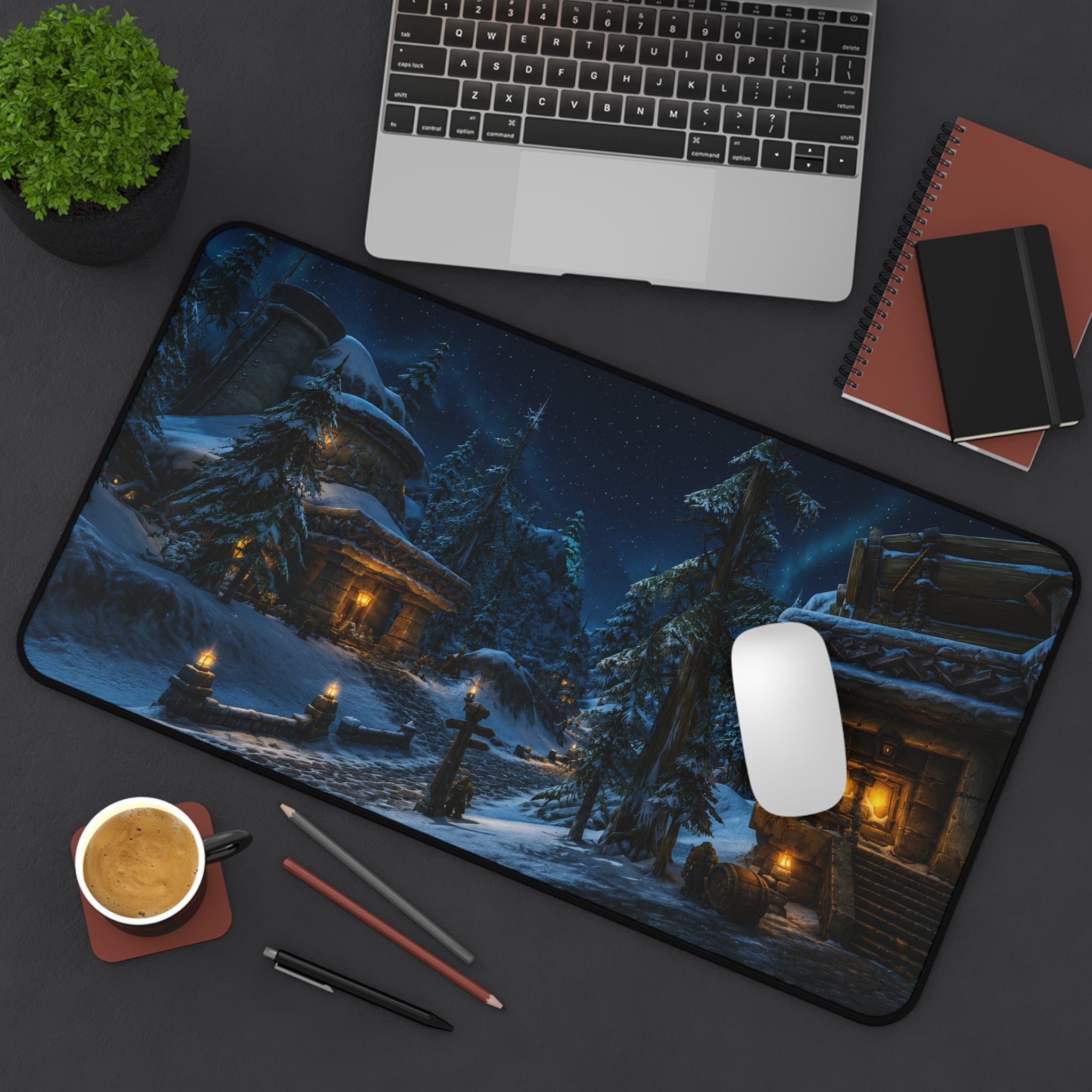 Snowy Village Night Desk Mat | Winter Cottage Landscape