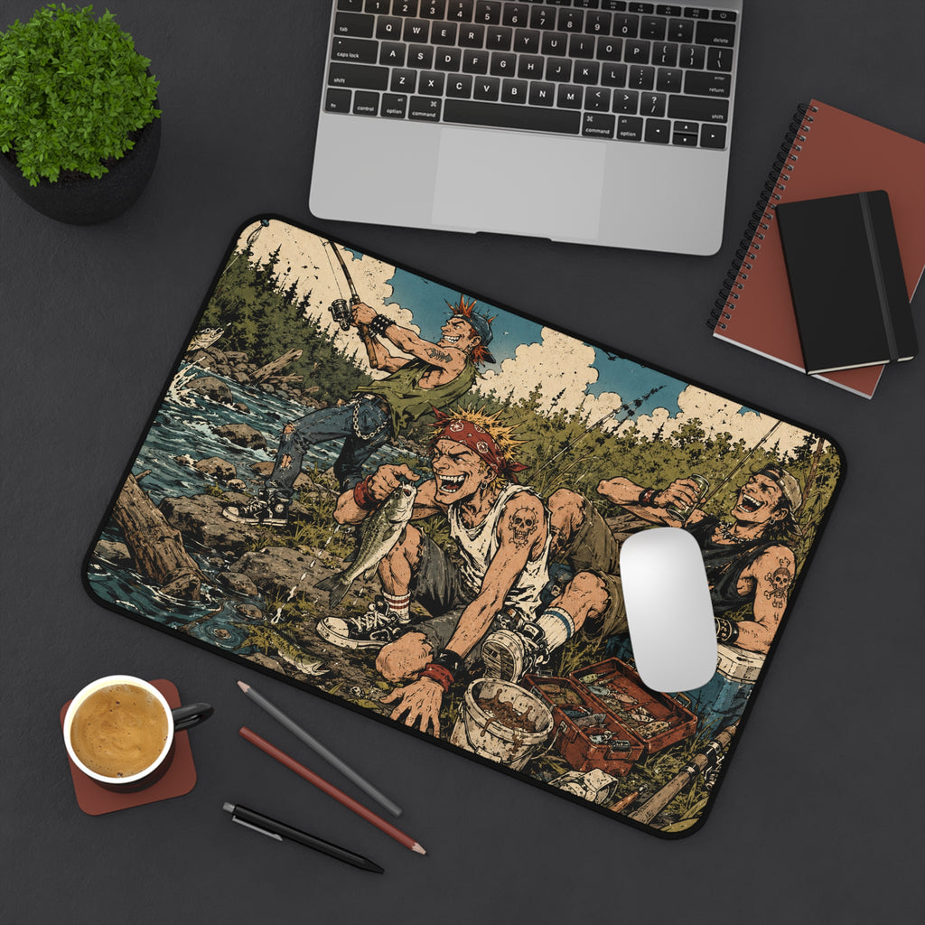 River Rats Fishing Desk Mat, Punk Anime Angler Mouse Pad, Rustic Outdoor River Scene, Fisherman Gift, Large Gaming Mouse Pad, Office Decor