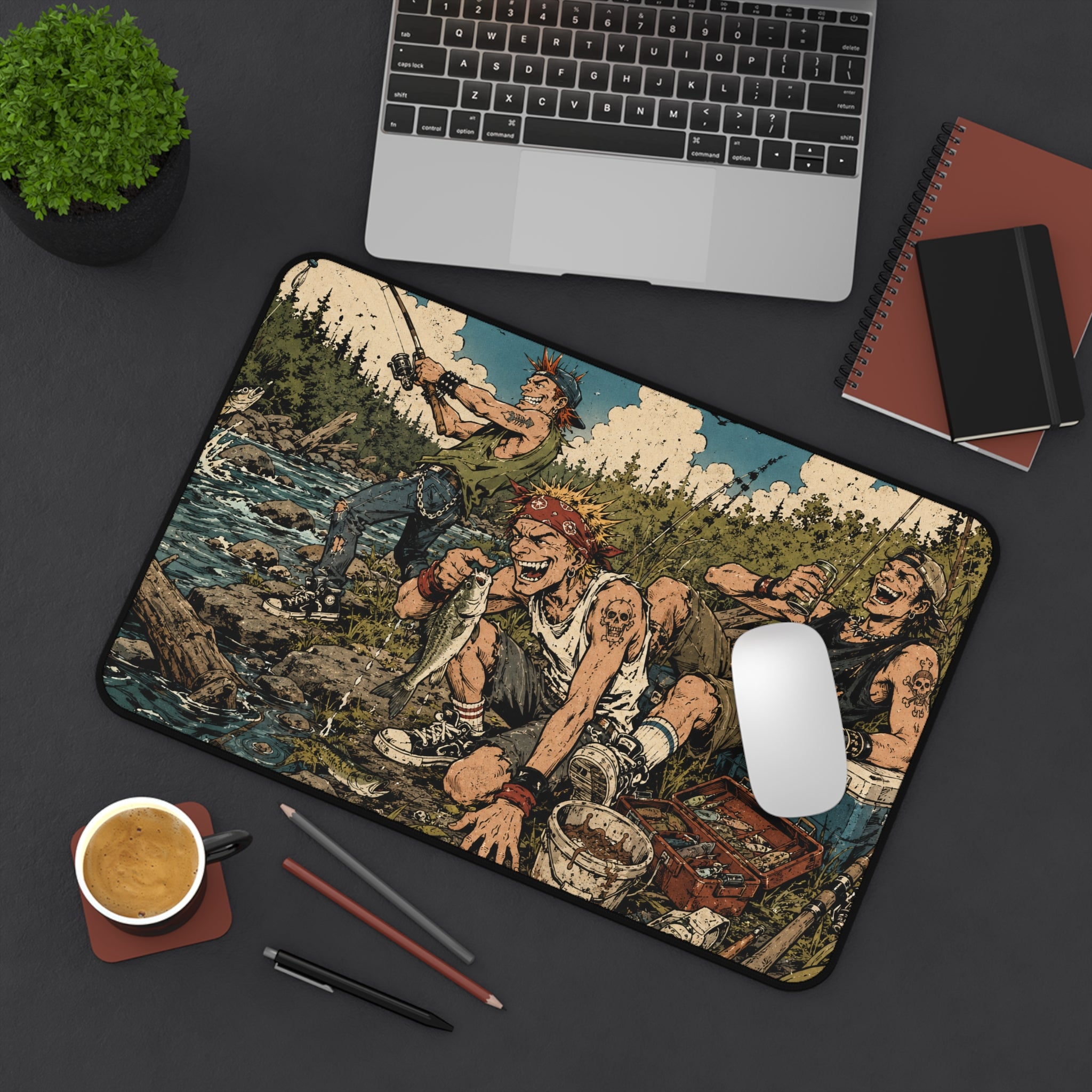 River Rats Fishing Desk Mat, Punk Anime Angler Mouse Pad, Rustic Outdoor River Scene, Fisherman Gift, Large Gaming Mouse Pad, Office Decor