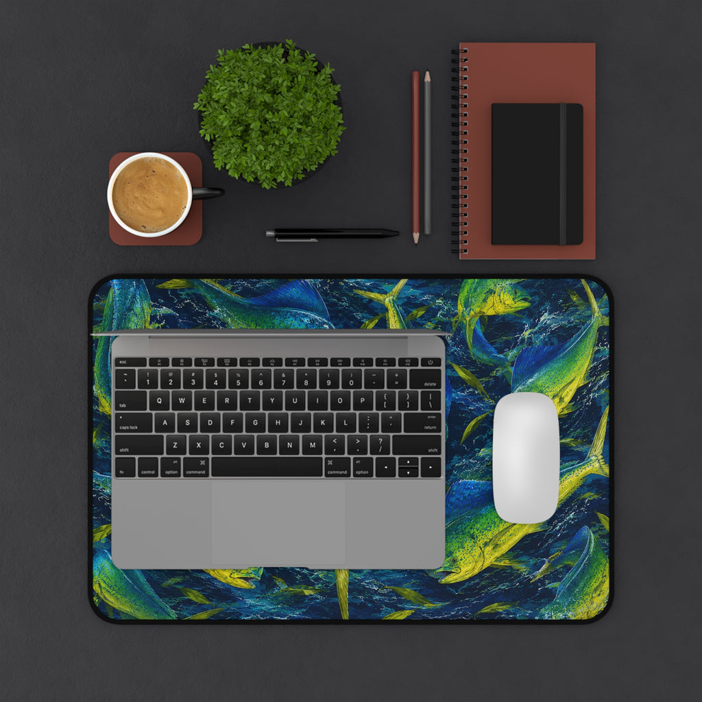 Mahi Mahi Madness Desk Mat — Thick Stitched Edge Gaming Desk Mat with Original Artwork