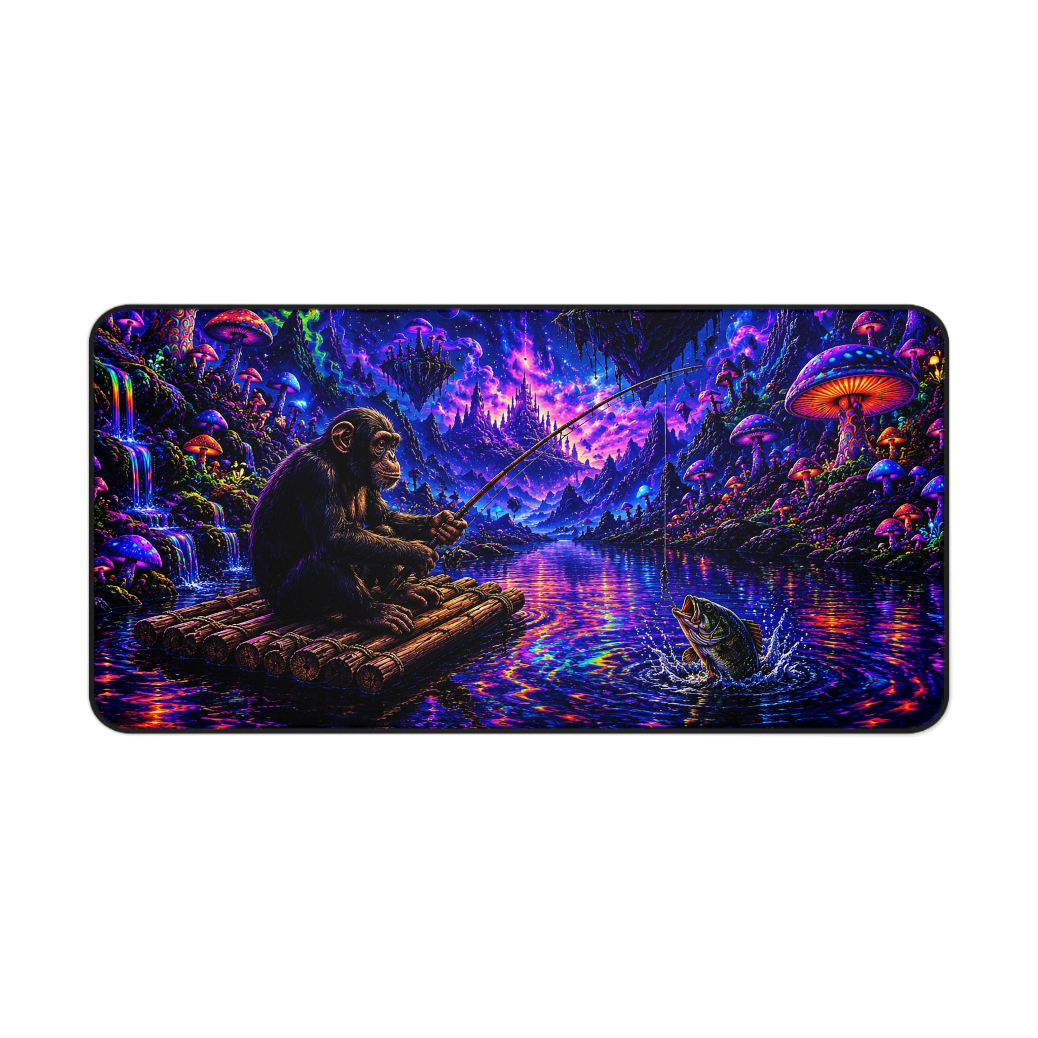 Psychedelic Night Fishing Desk Mat — Neon Mushroom Galaxy Mouse Pad