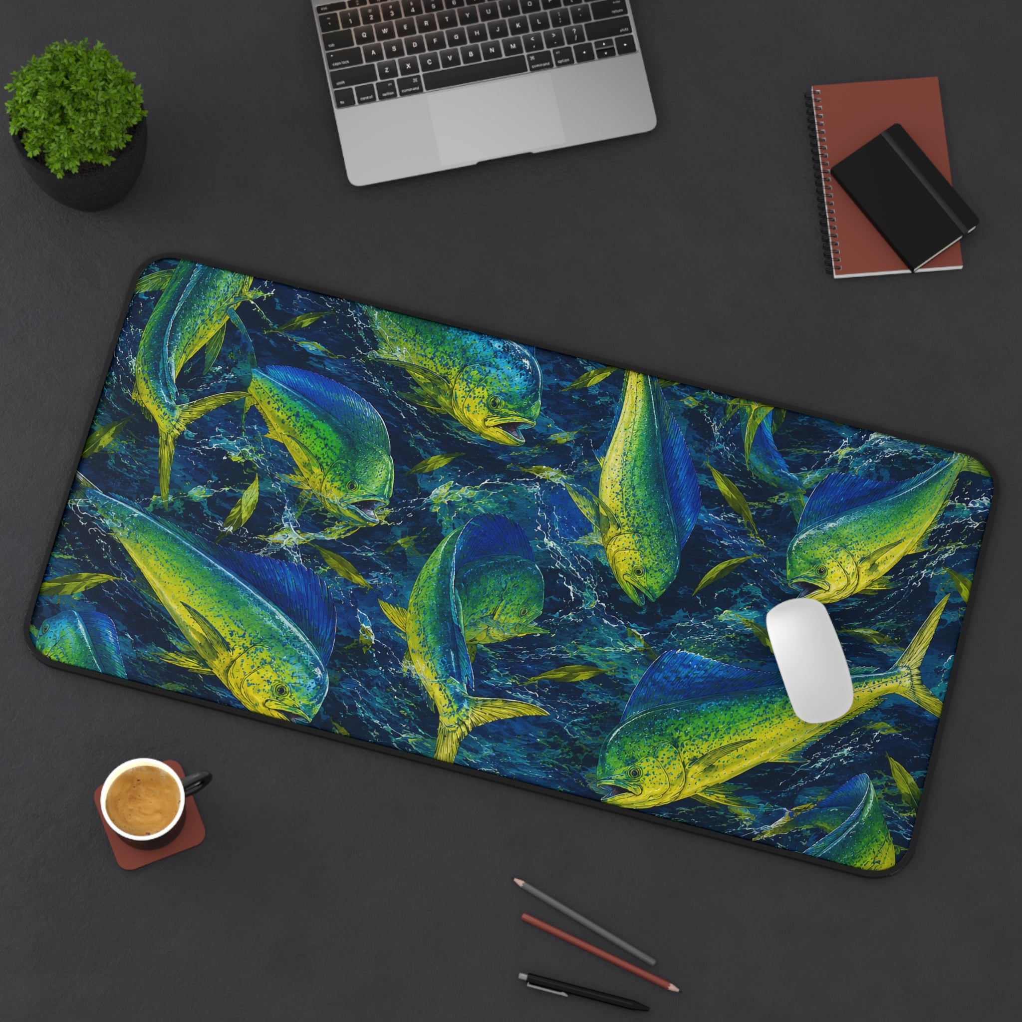 Mahi Mahi Madness Desk Mat — Thick Stitched Edge Gaming Desk Mat with Original Artwork